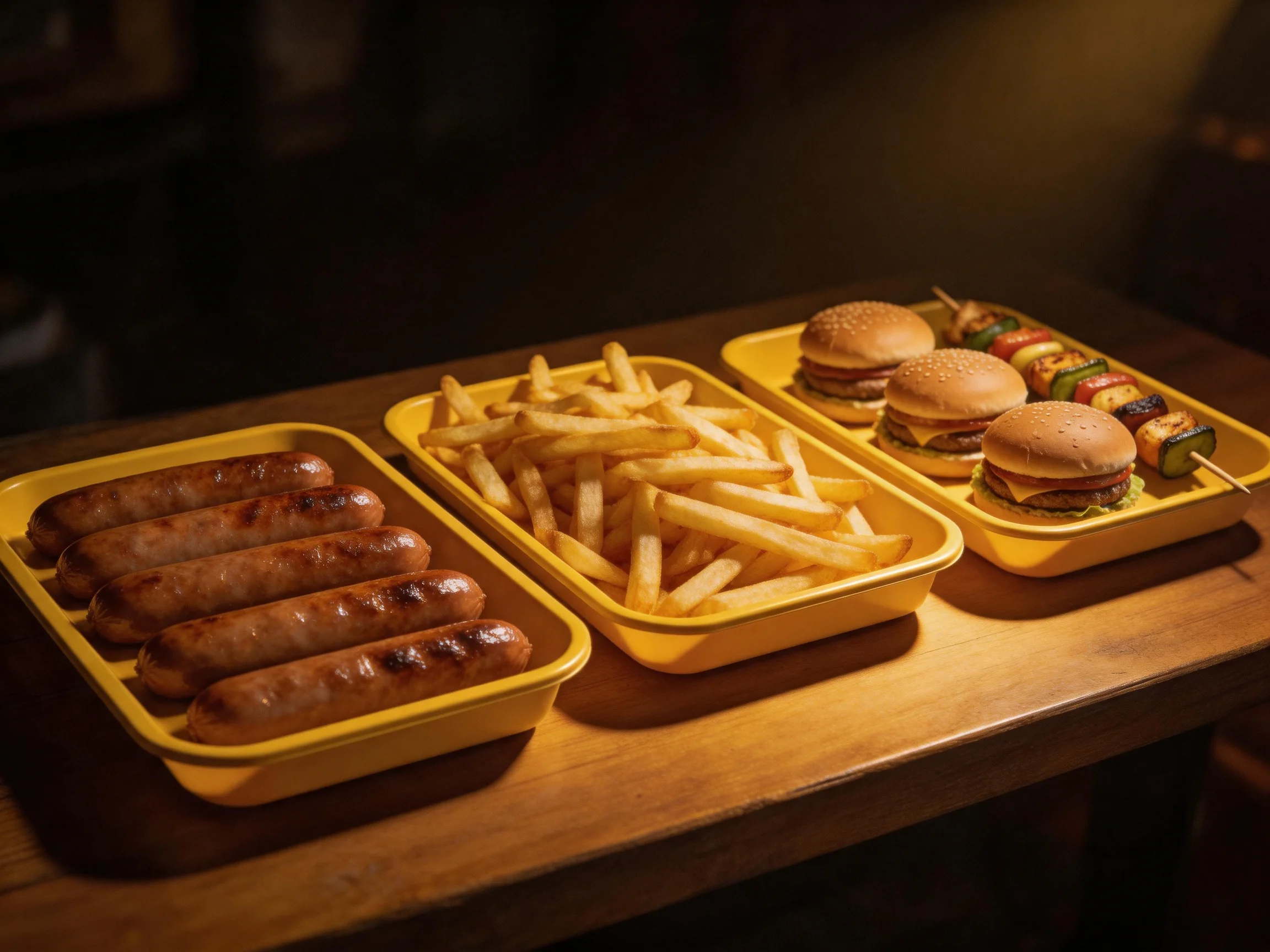 Three yellow trays hold grilled sausages, golden fries, and burger skewers