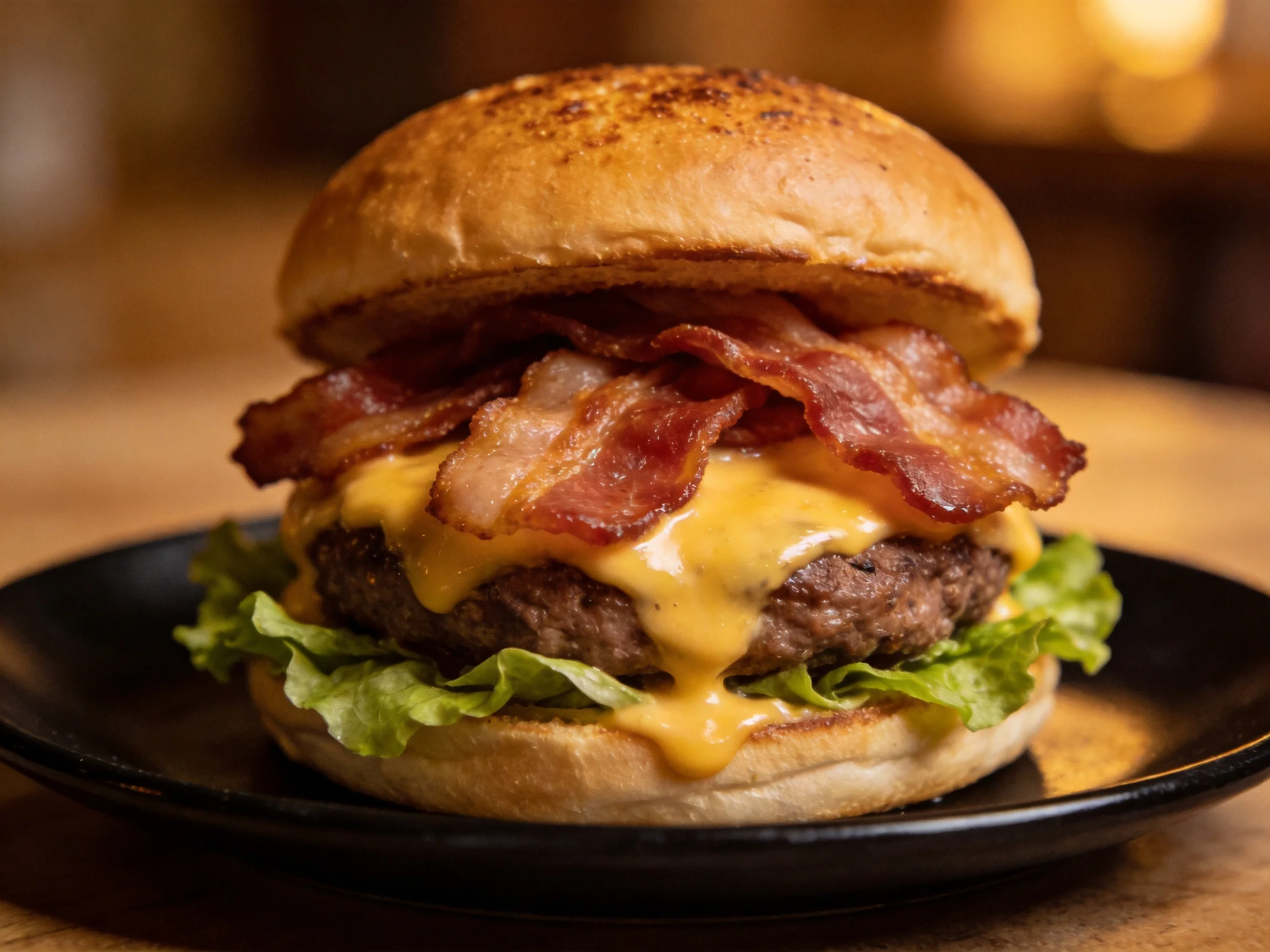 Toasted bun bacon cheeseburger with fresh lettuce