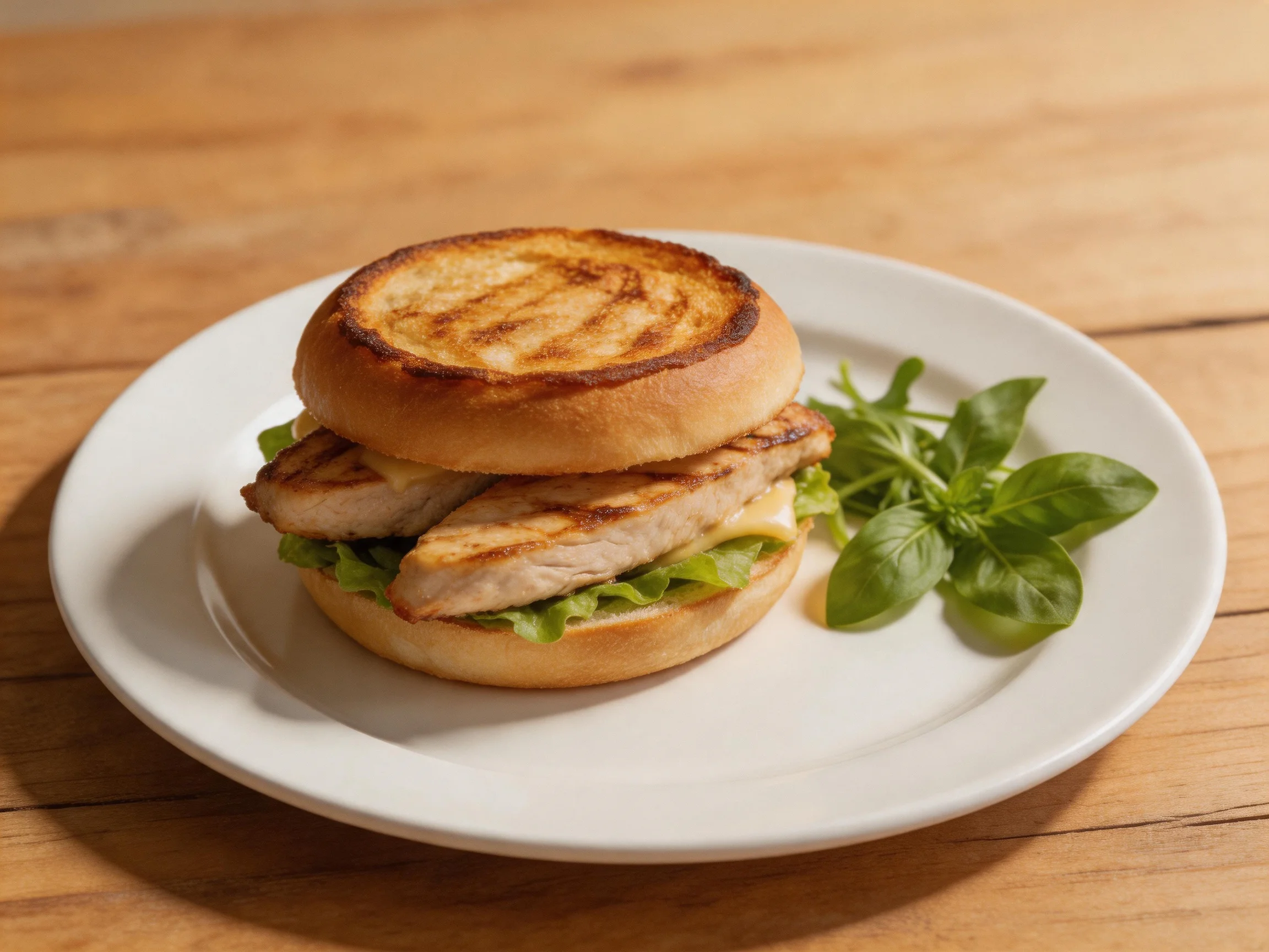 Toasted bun chicken sandwich with fresh basil on a white plate