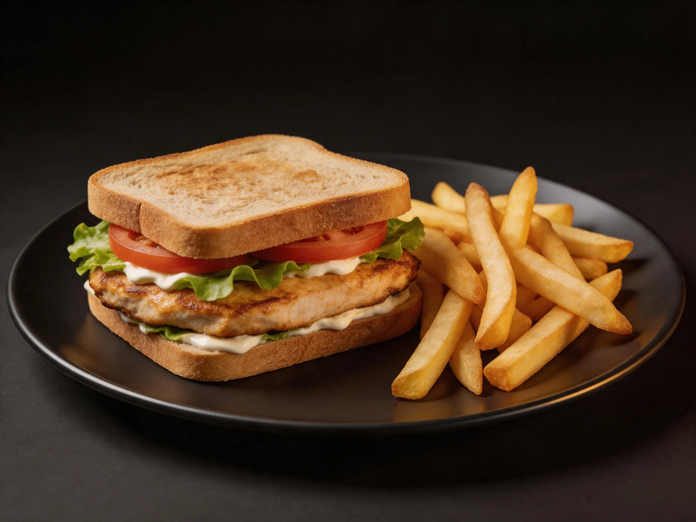Toasted chicken sandwich with fresh veggies and crispy fries on a dark plate