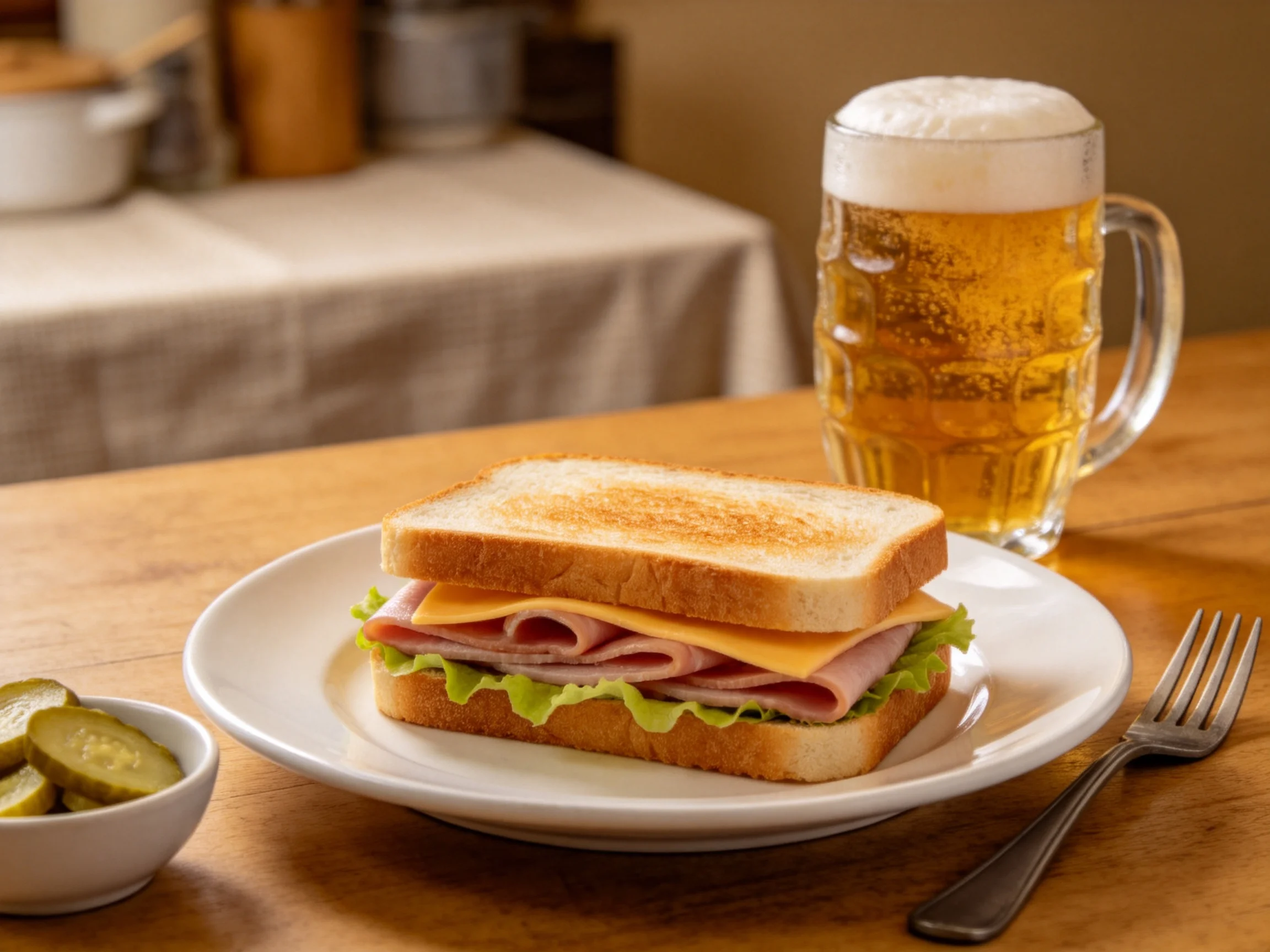 Toasted ham and cheese sandwich with frothy beer and pickle slices