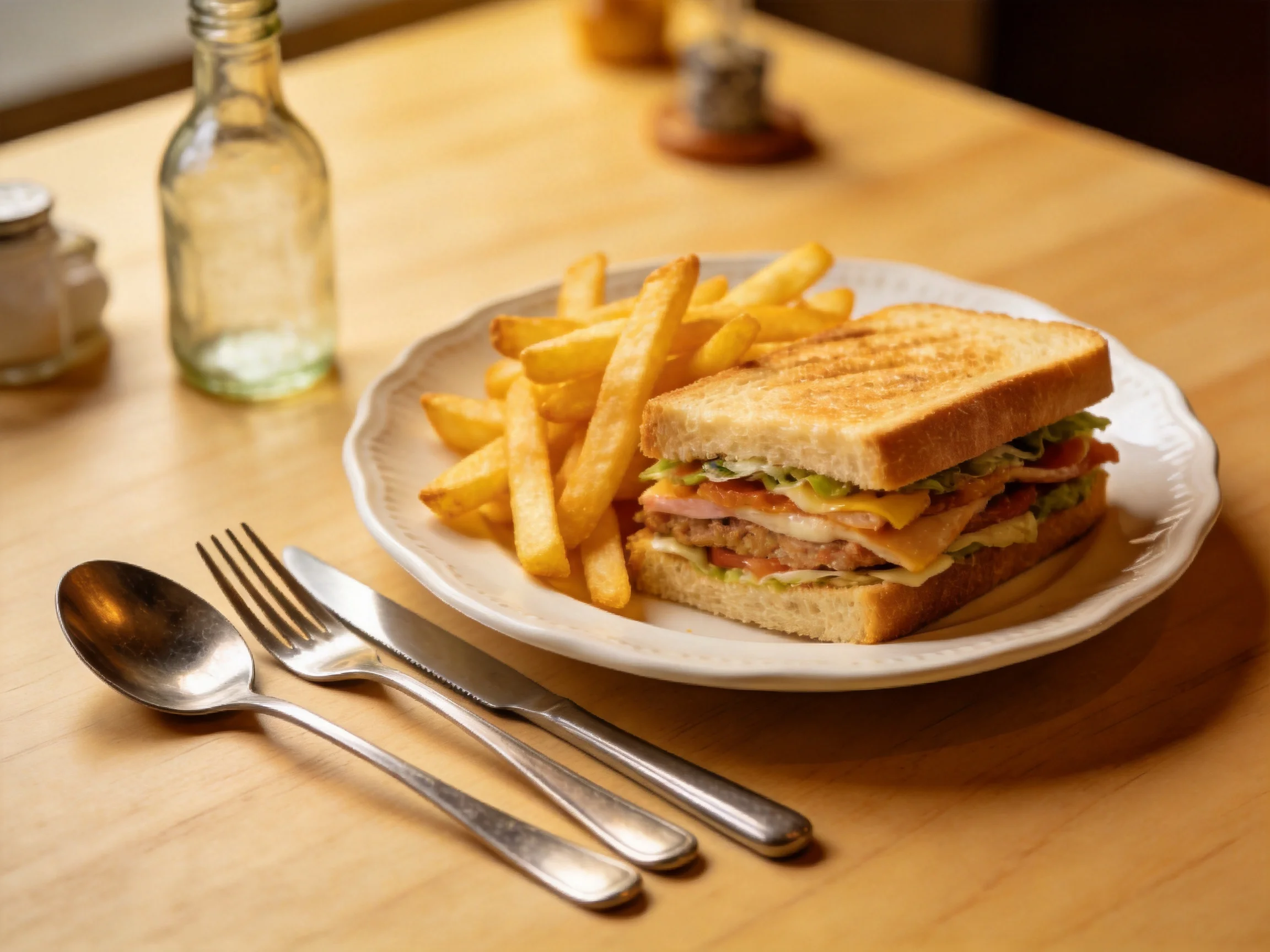 Toasted sandwich with layered meats and golden French fries on a wooden table