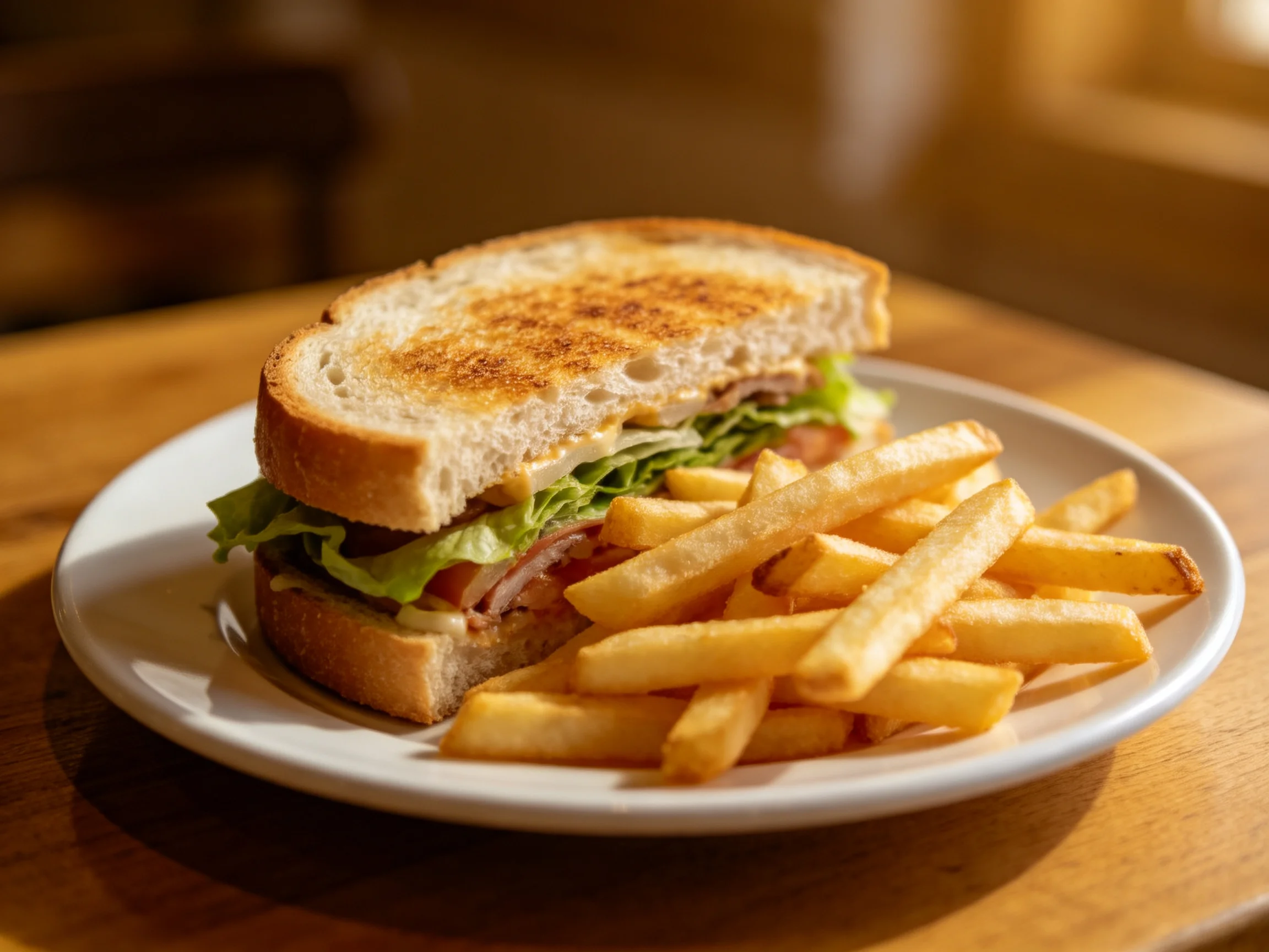 Toasted sandwich with lettuce, ham, and golden fries on white plate