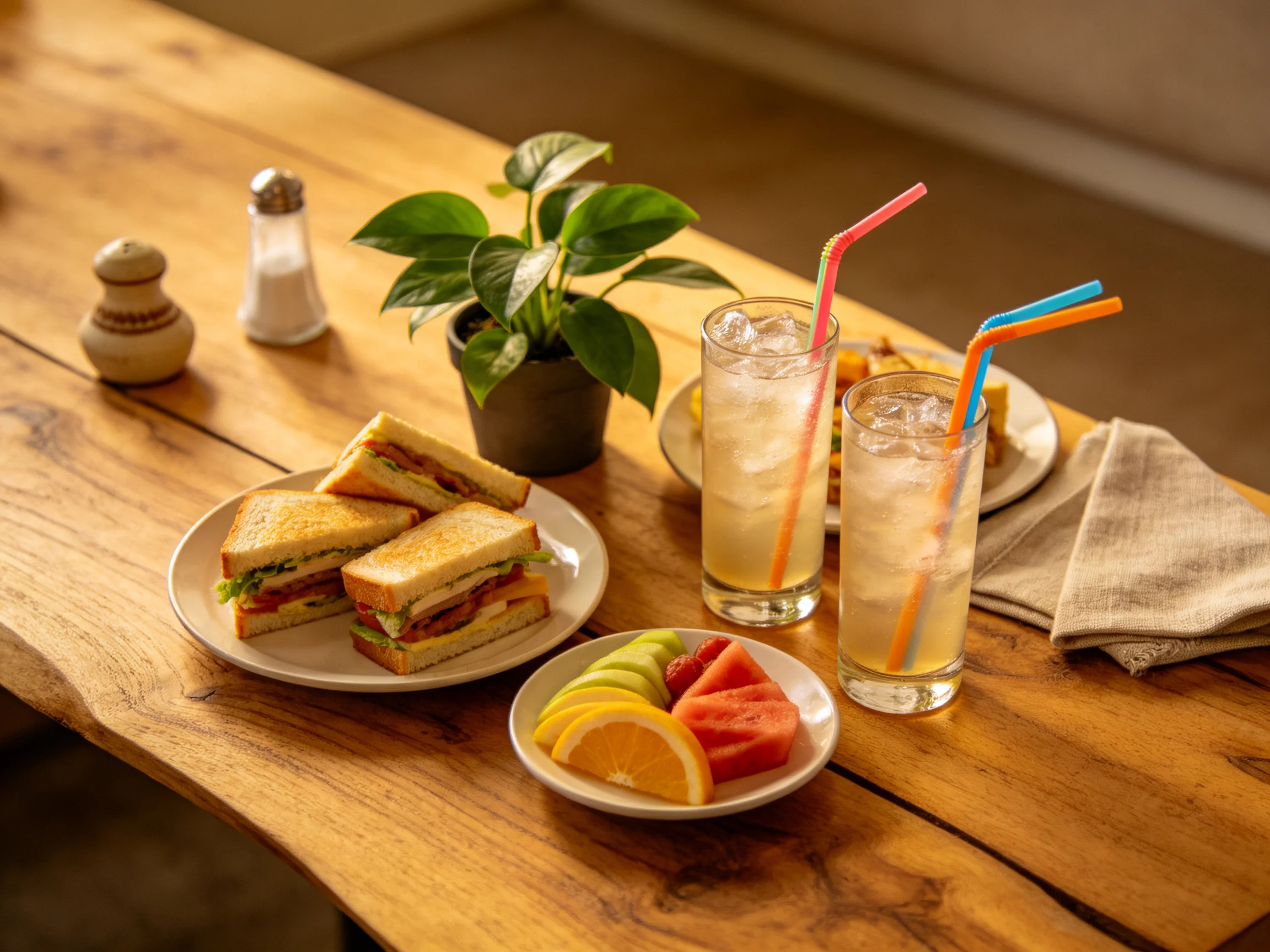 Toasted sandwiches, fruit, and iced drinks sit on a wooden table.