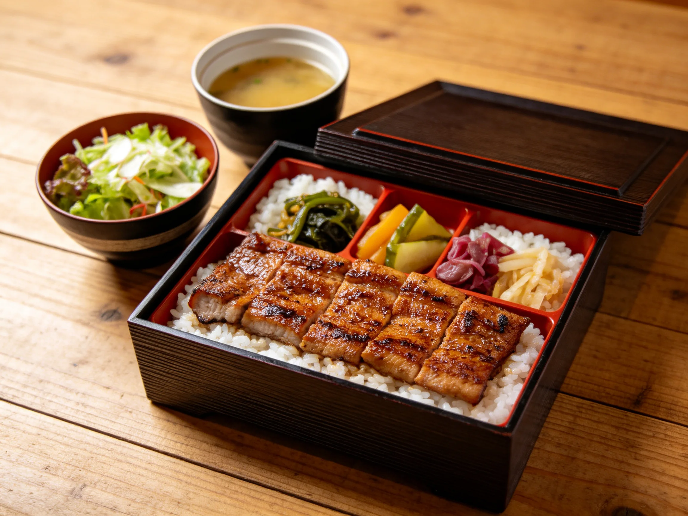 Traditional Japanese bento box with grilled fish, rice, and side dishes