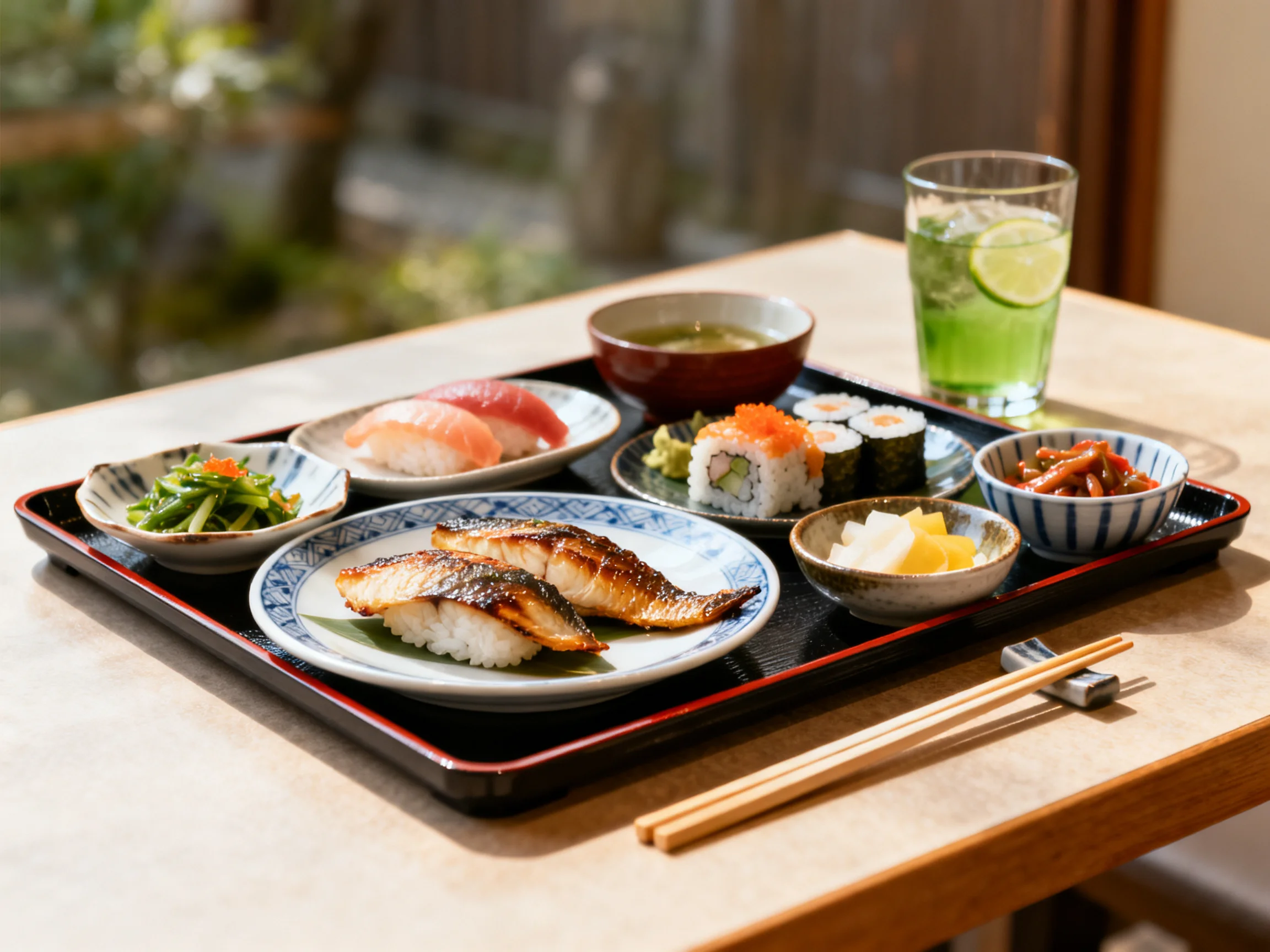 Traditional Japanese bento tray with assorted sushi and grilled fish