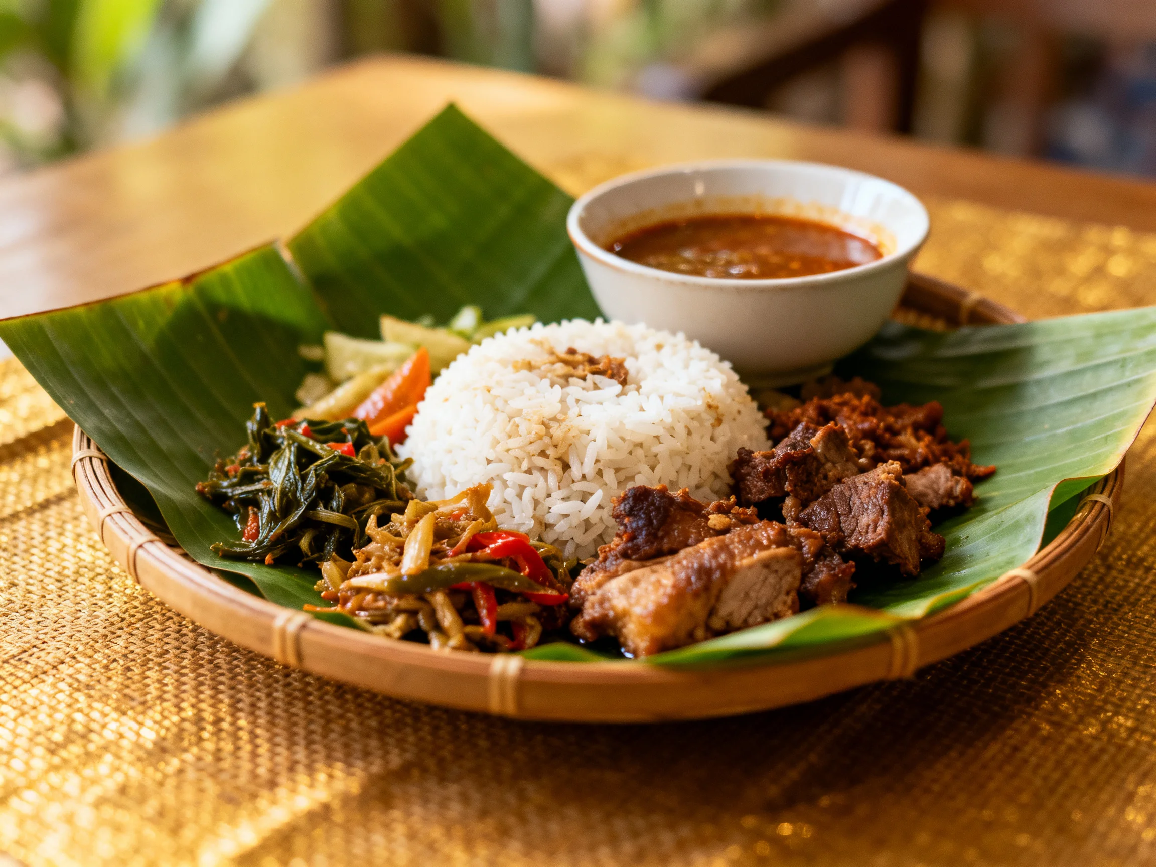 Traditional meal with rice, meats, veggie sides on banana leaf