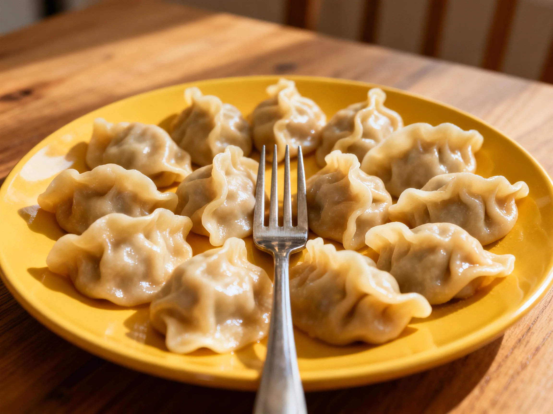 Twelve dumplings arranged on a yellow plate with a fork on a wooden table