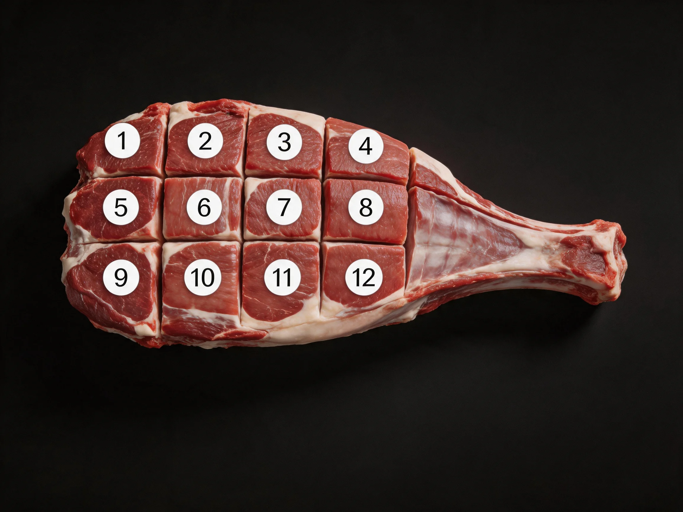 Twelve numbered raw beef sections arranged on a black surface