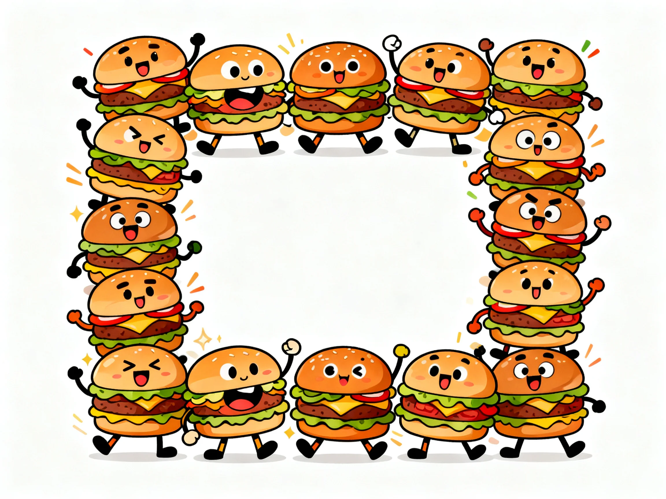 Twenty-five colorful cartoon hamburgers form a square border