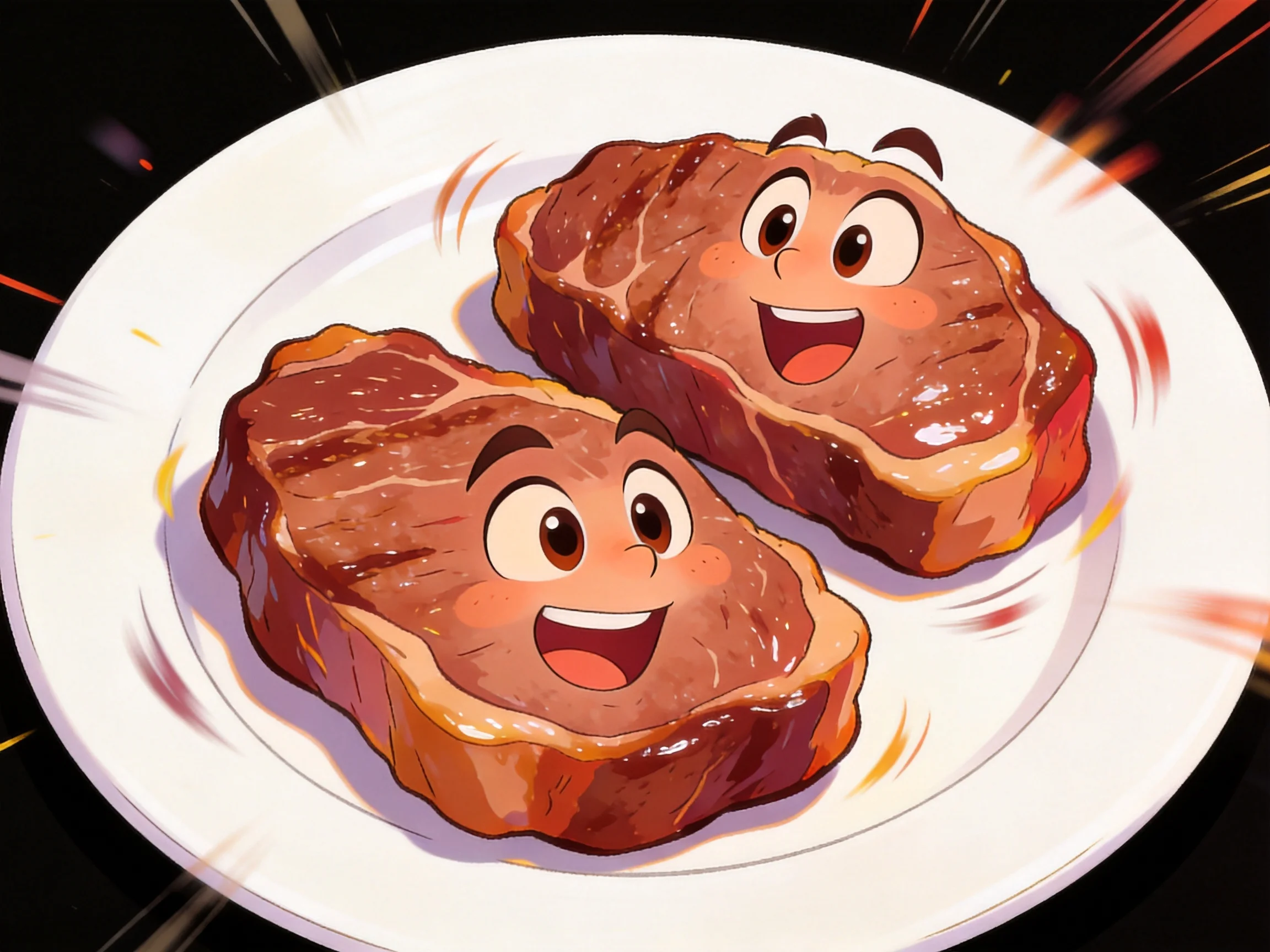 Two anthropomorphic steaks with cheerful faces on a white plate