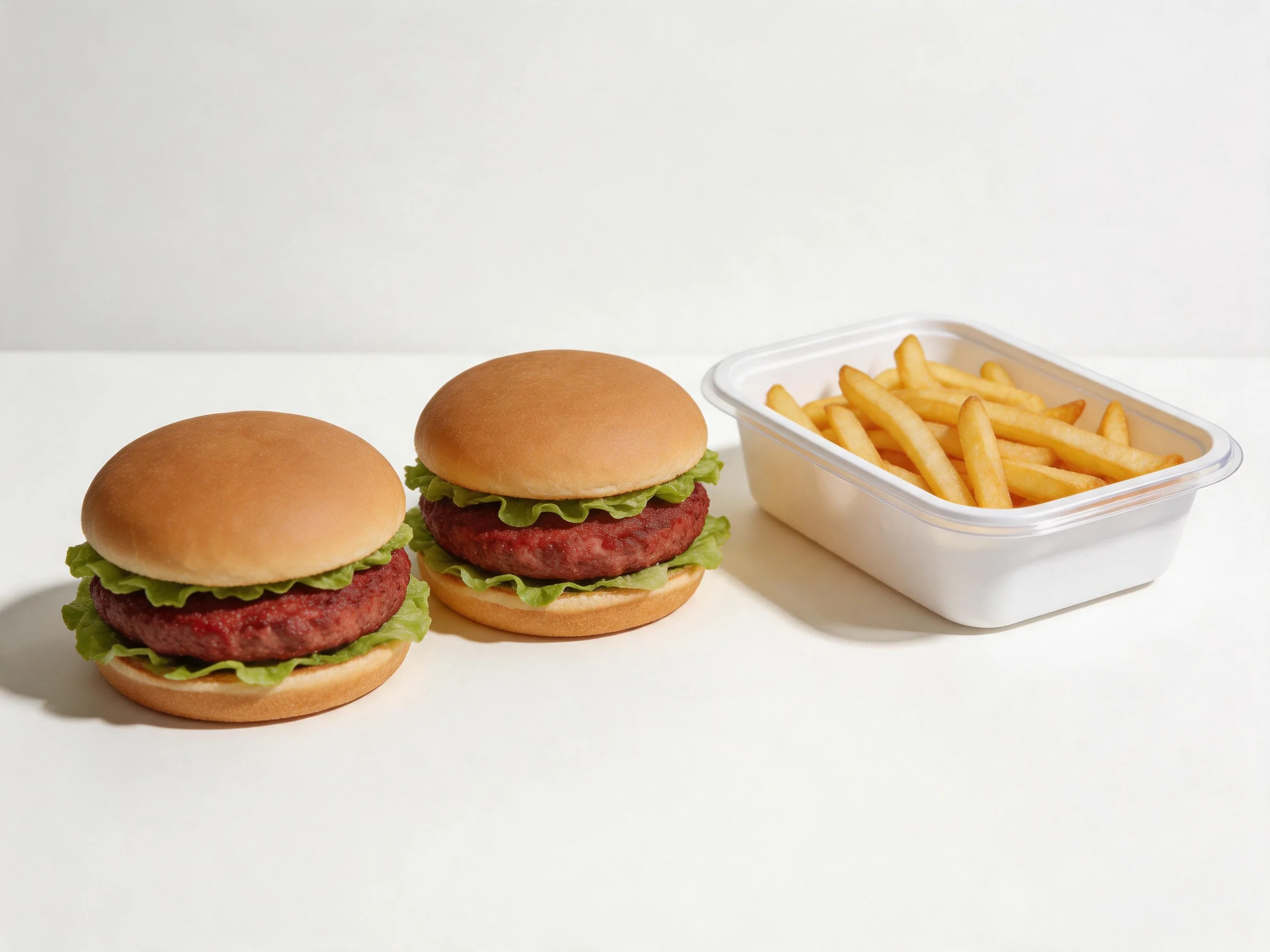 Two beef burgers with lettuce and a container of golden French fries