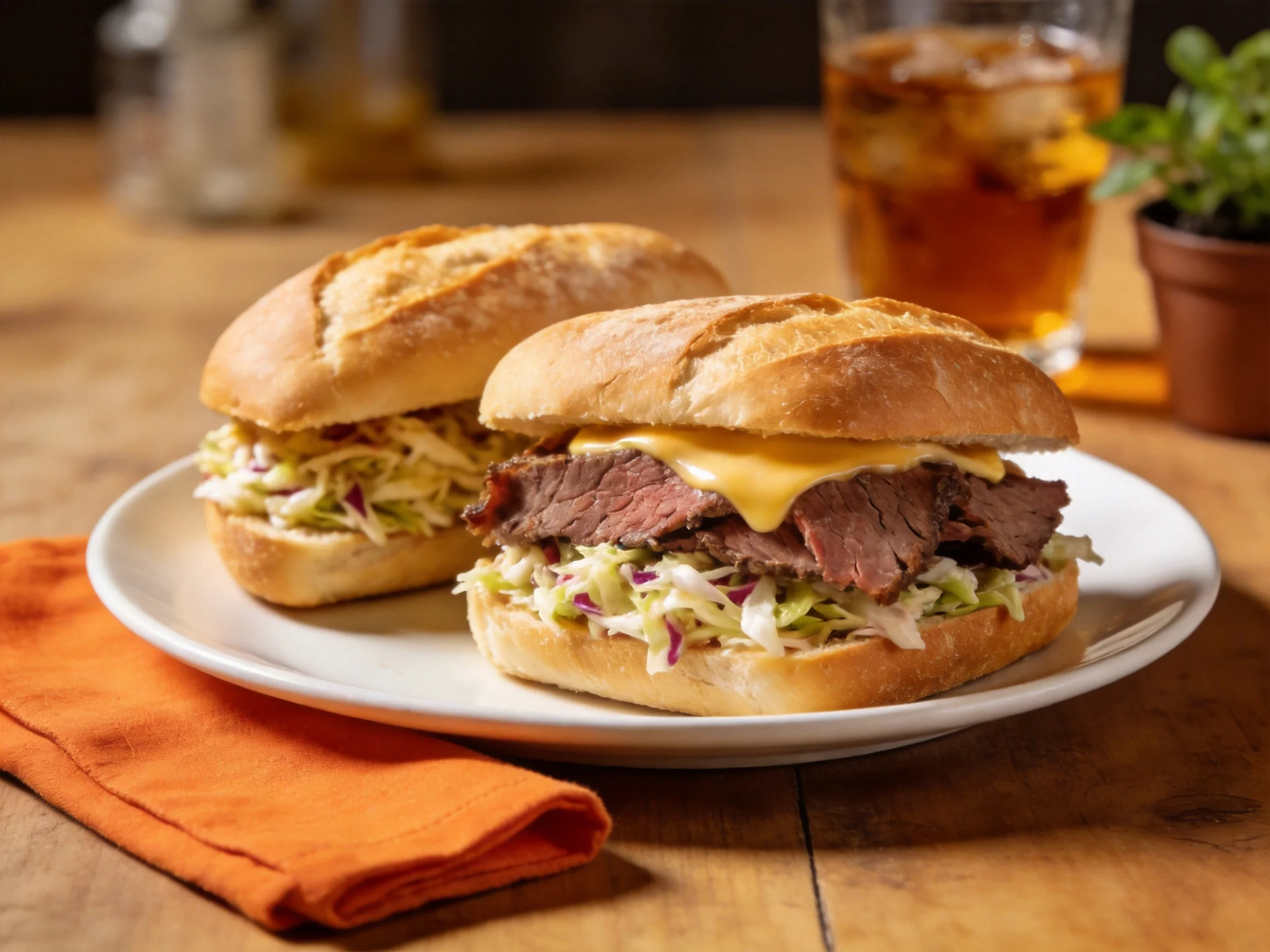 Two beef sandwiches with coleslaw and cheese on crusty buns