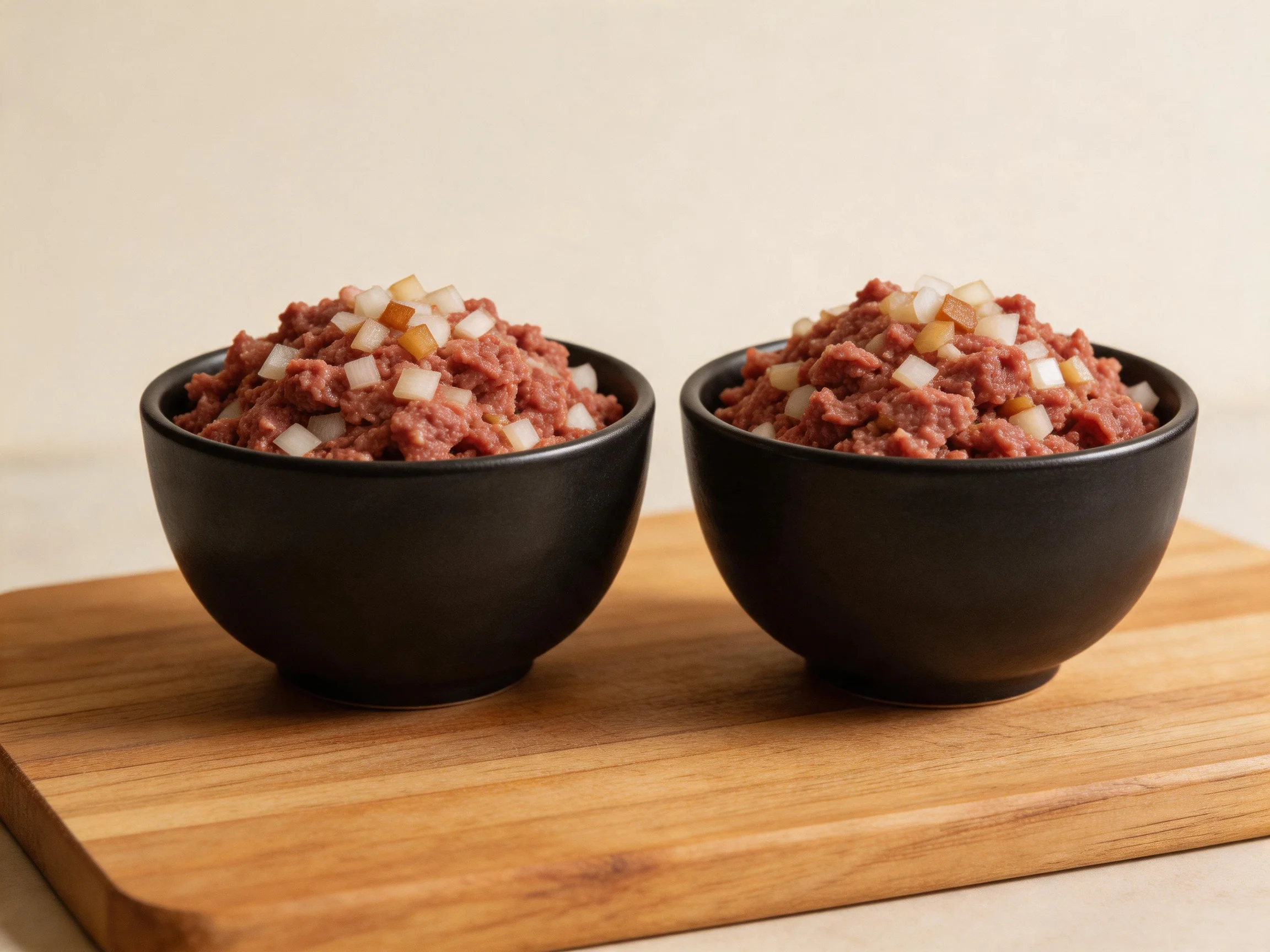 Two black bowls filled with seasoned ground meat and diced onions rest on a wooden cutting board