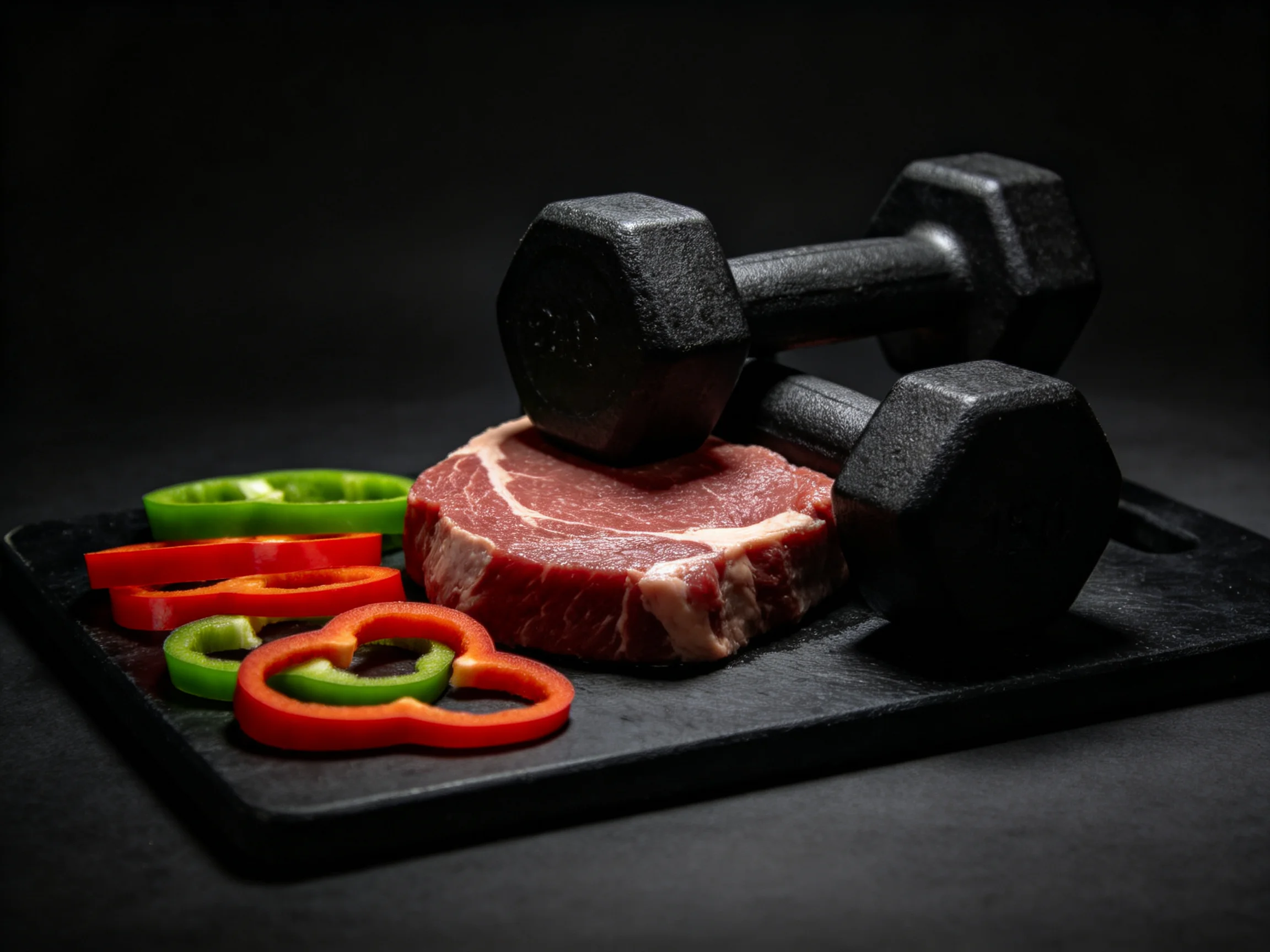 Two black dumbbells rest atop raw steak with colorful bell pepper slices
