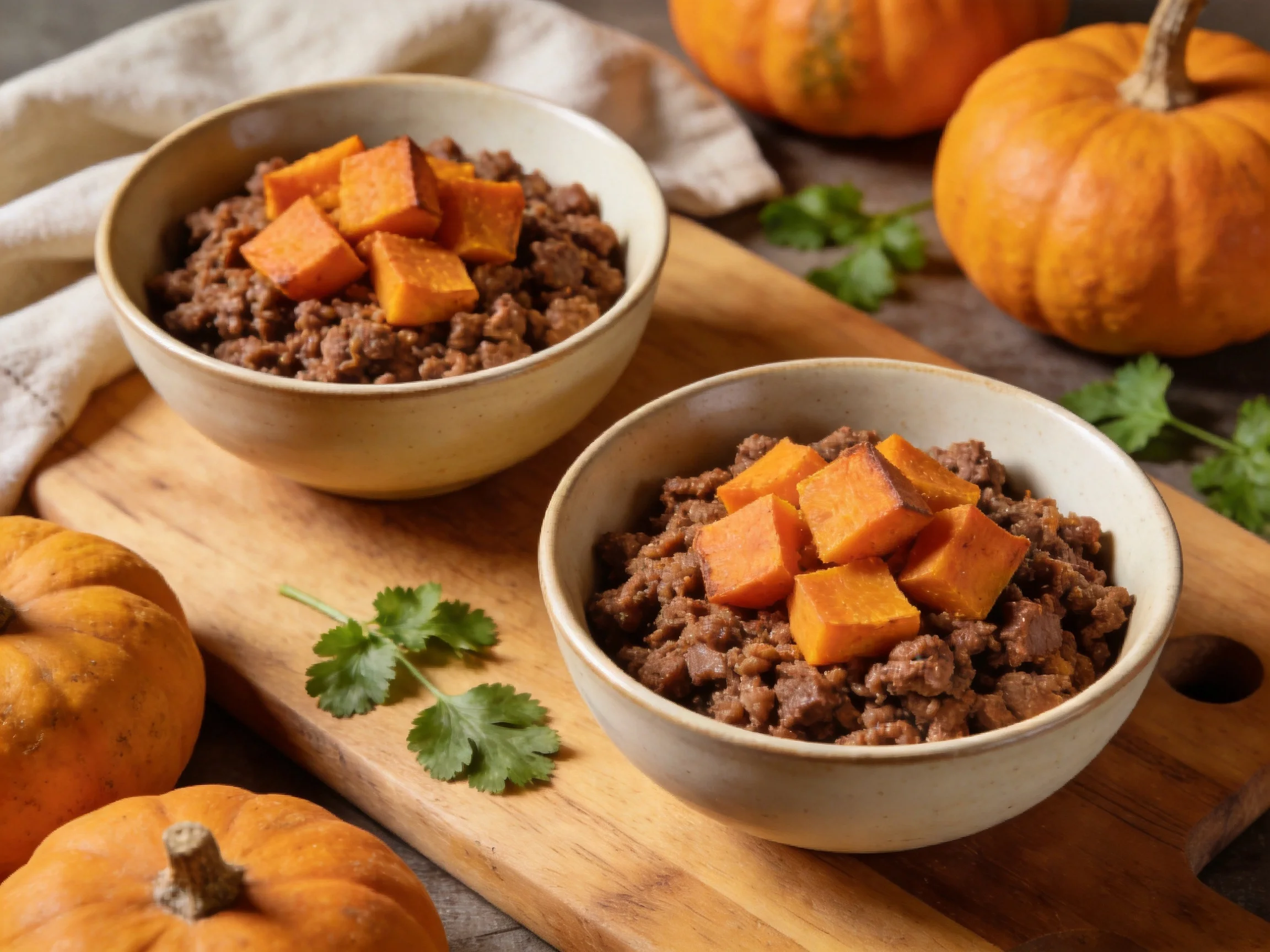 Two bowls of chili topped with roasted sweet potatoes near small pumpkins
