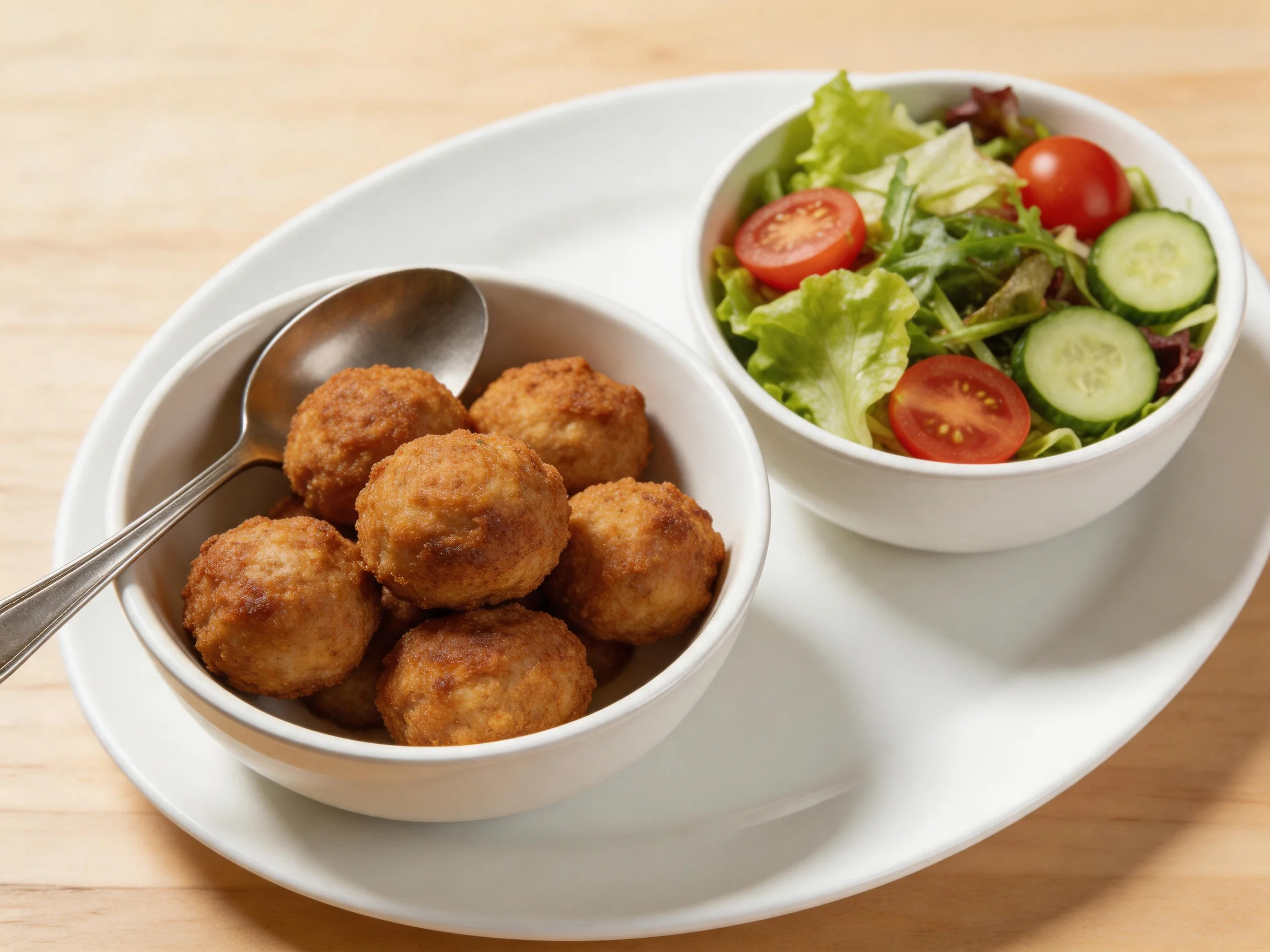 Two bowls of food on a white platter: golden-brown fried balls and fresh mixed salad