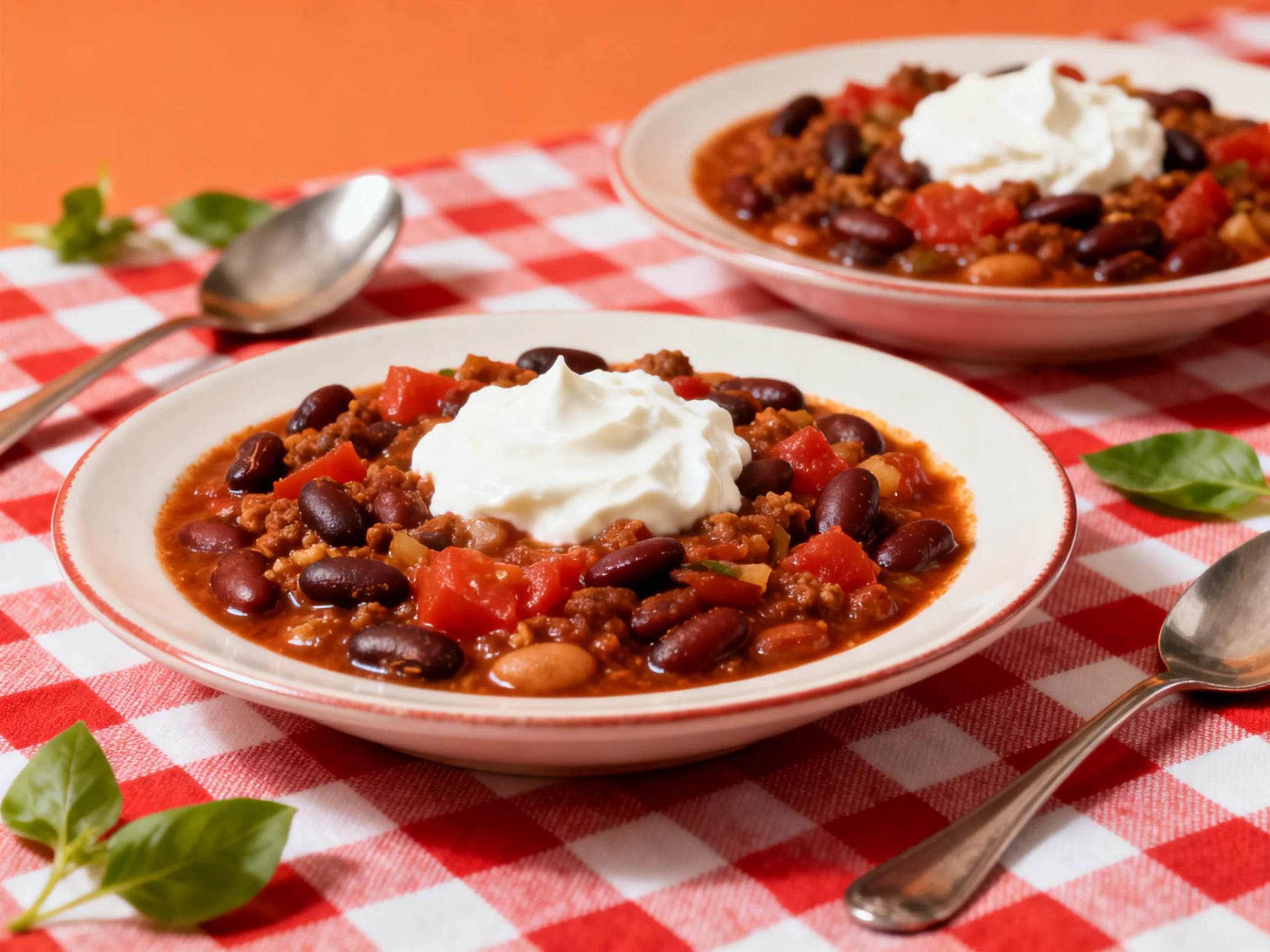 Two bowls of hearty chili topped with sour cream on red-checkered cloth