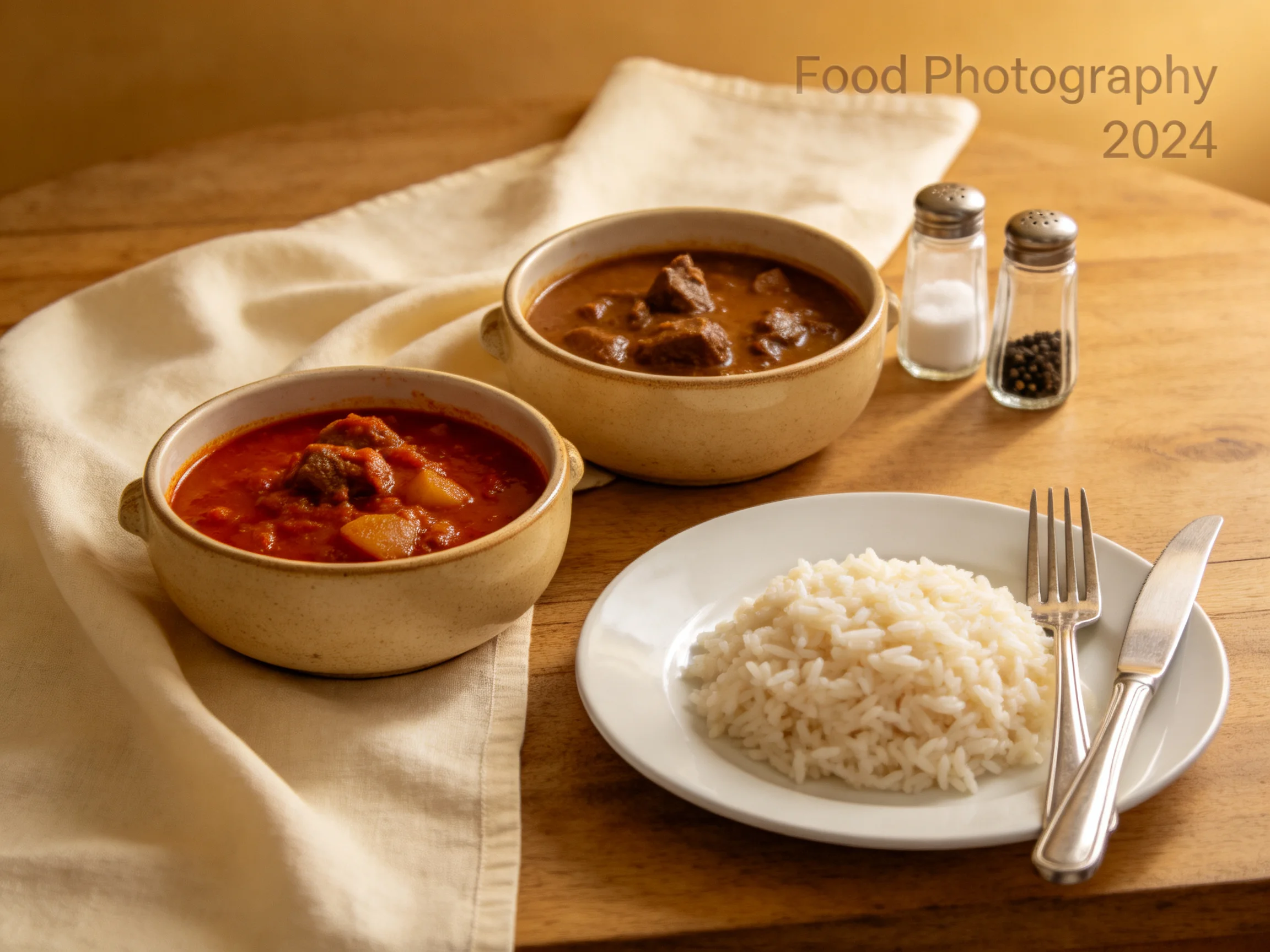 Two bowls of hearty stew beside a plate of white rice