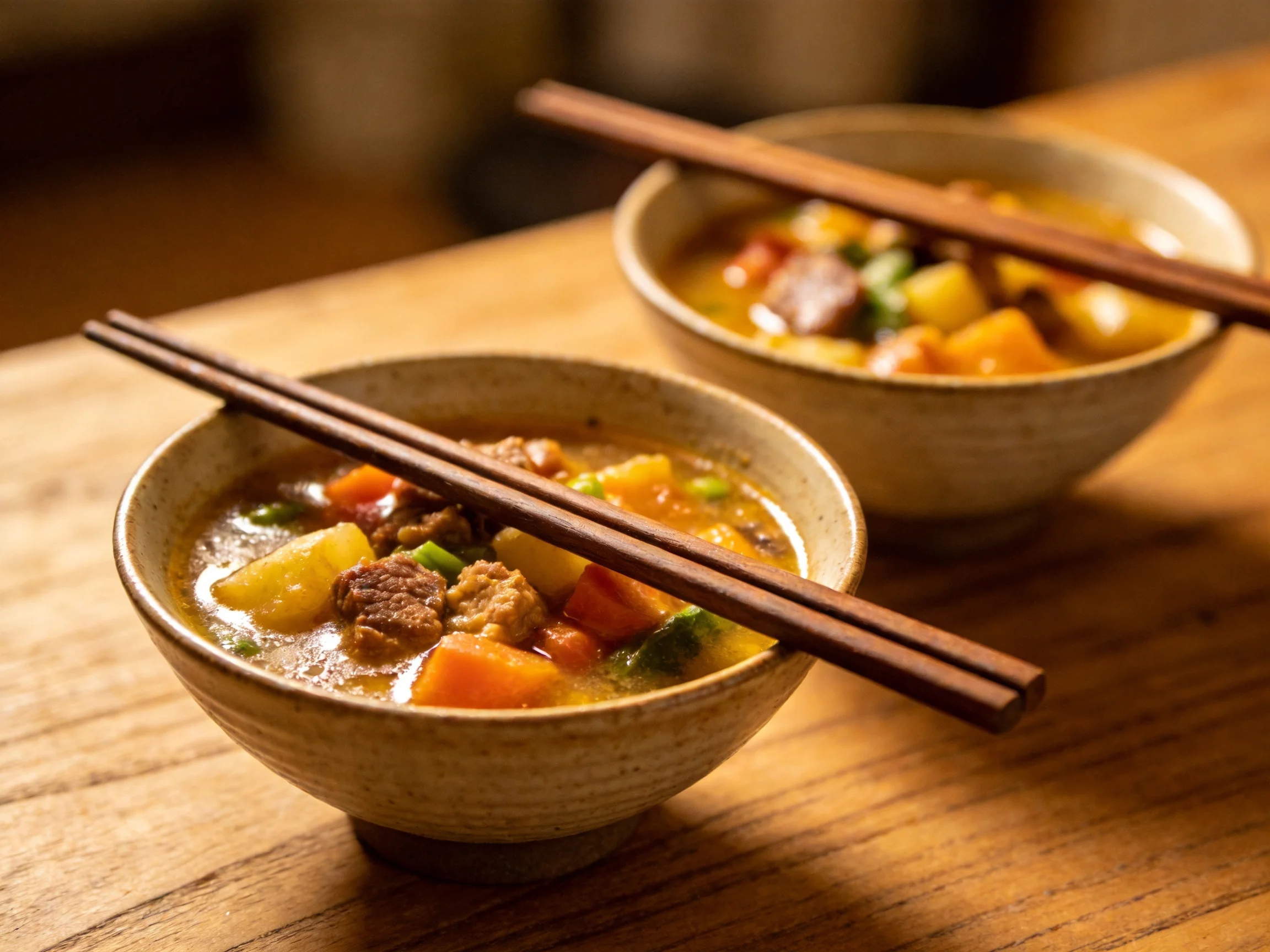 Two bowls of hearty vegetable stew with chopsticks on a wooden table