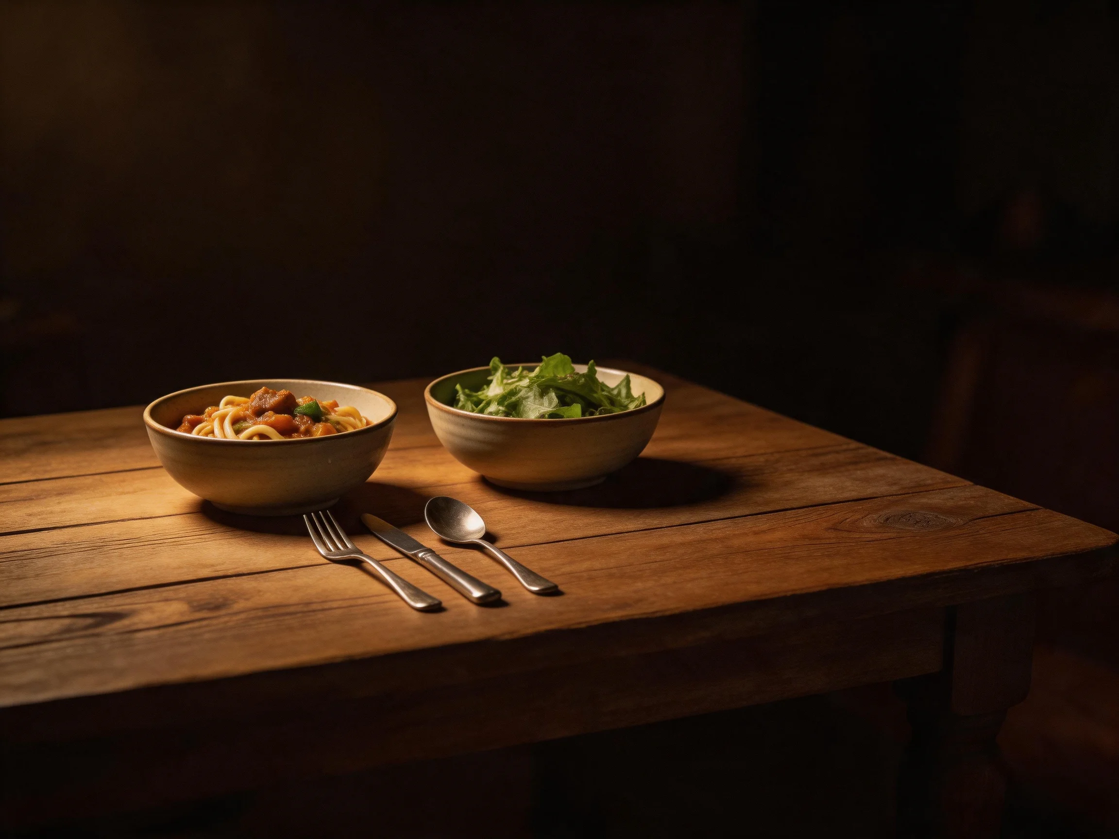 Two bowls—one with pasta, one with greens—on a rustic wooden table