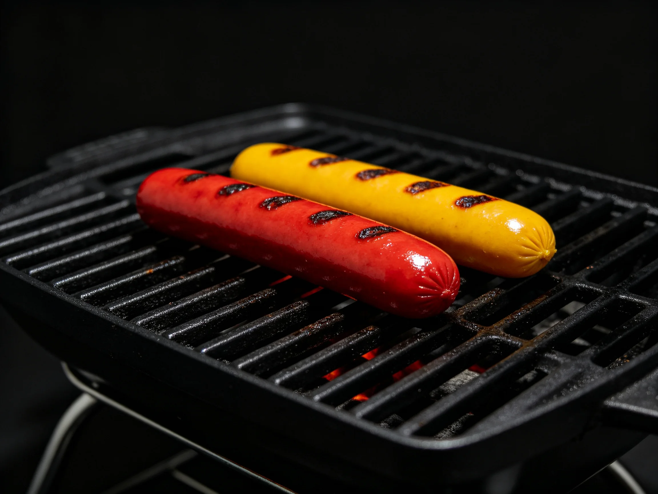 Two brightly colored sausages grill on a black cast iron grill
