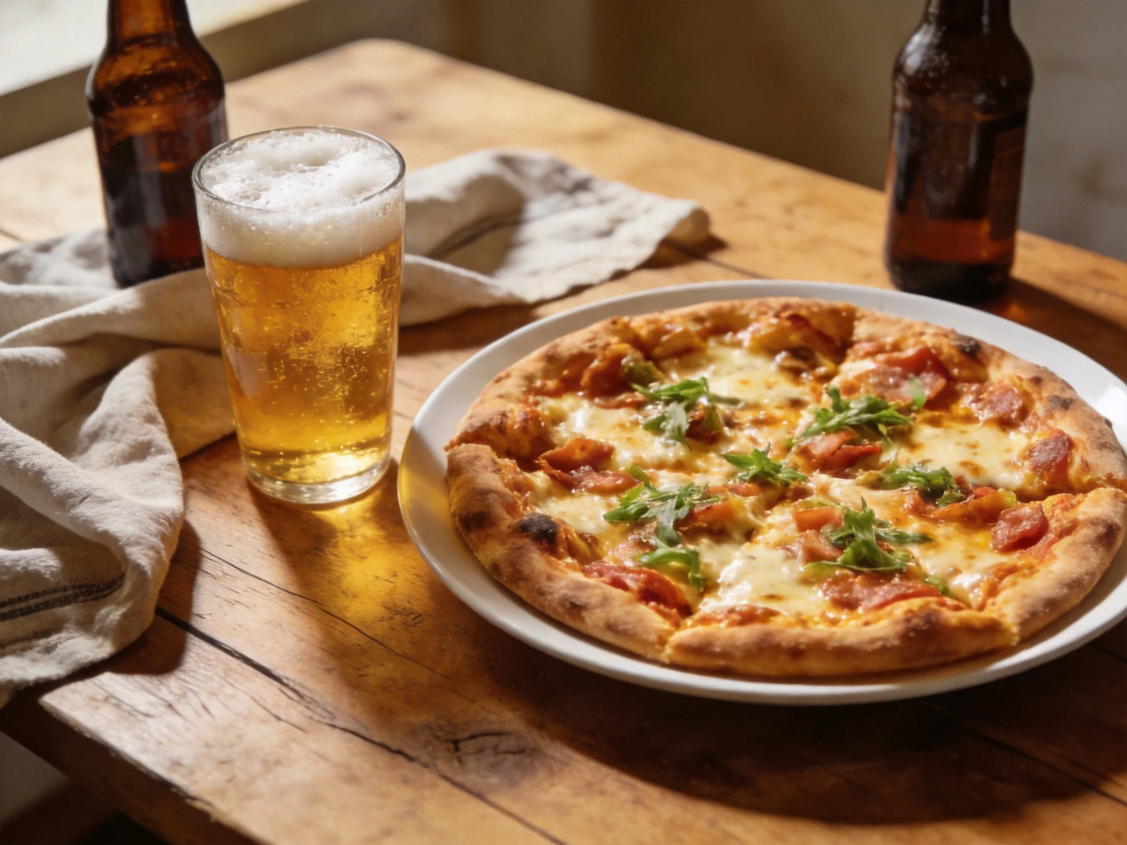 Two brown bottles, a golden beer, and a cheese-topped pizza sit on a wooden table.