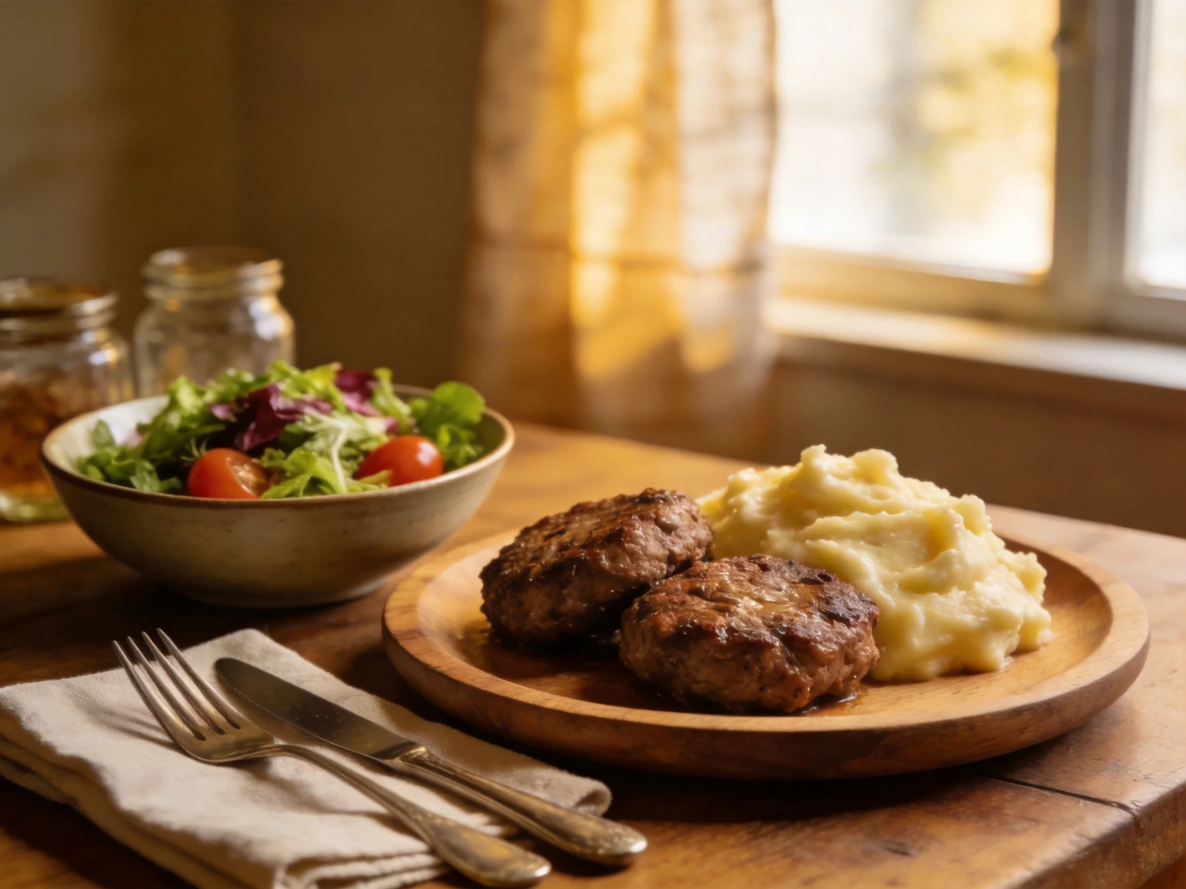 Two brown meatballs, creamy mashed potatoes, and fresh green salad on a wooden platter
