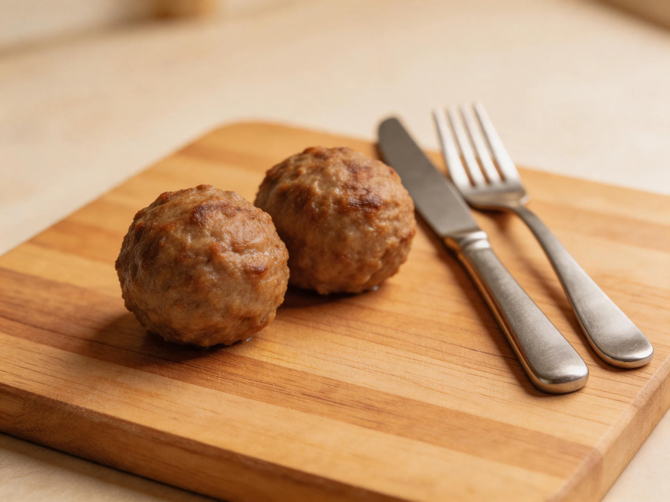 Two brown meatballs on a wooden cutting board with silverware