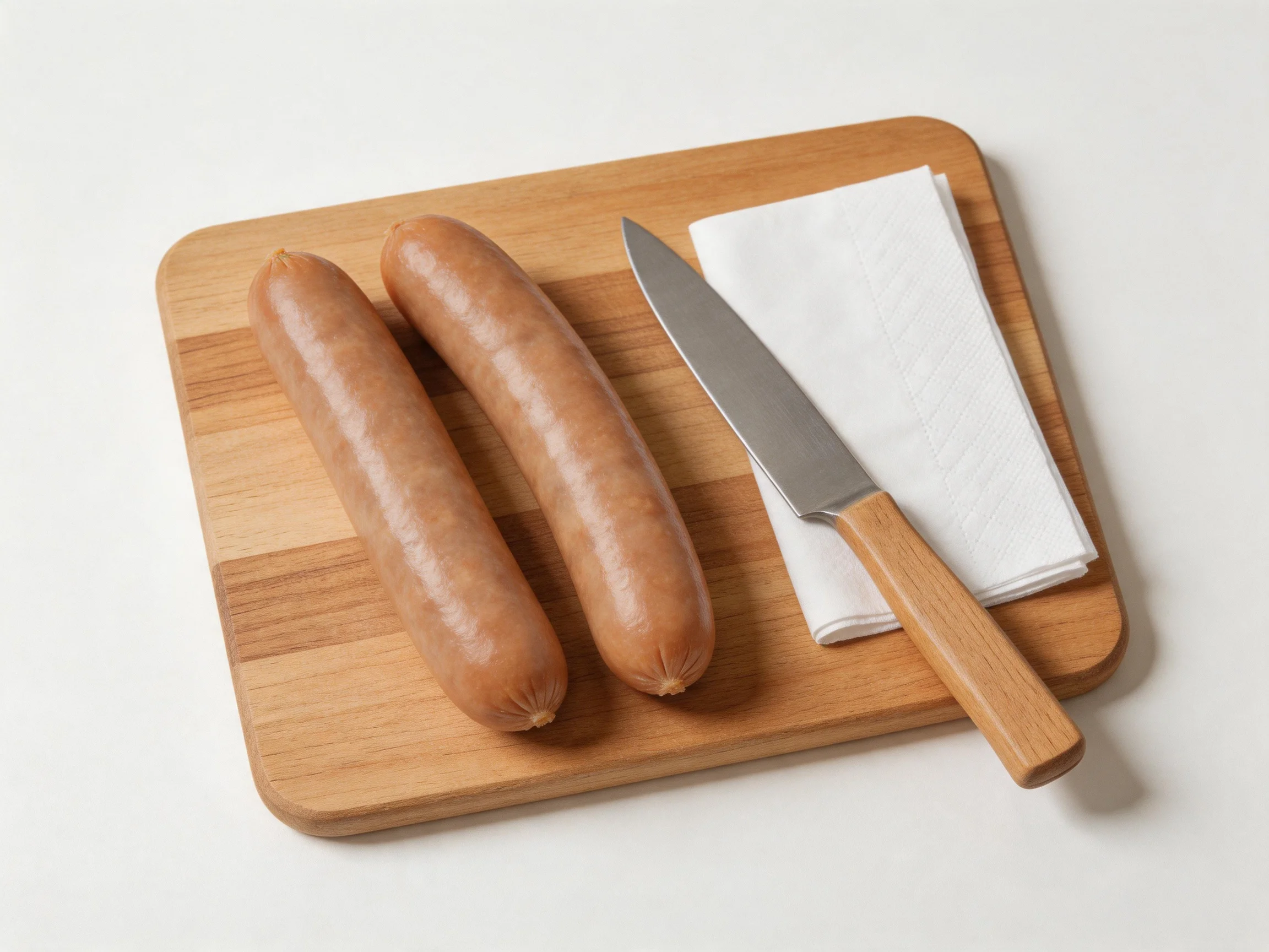 Two brown sausages rest on a wooden cutting board with a knife and white napkin