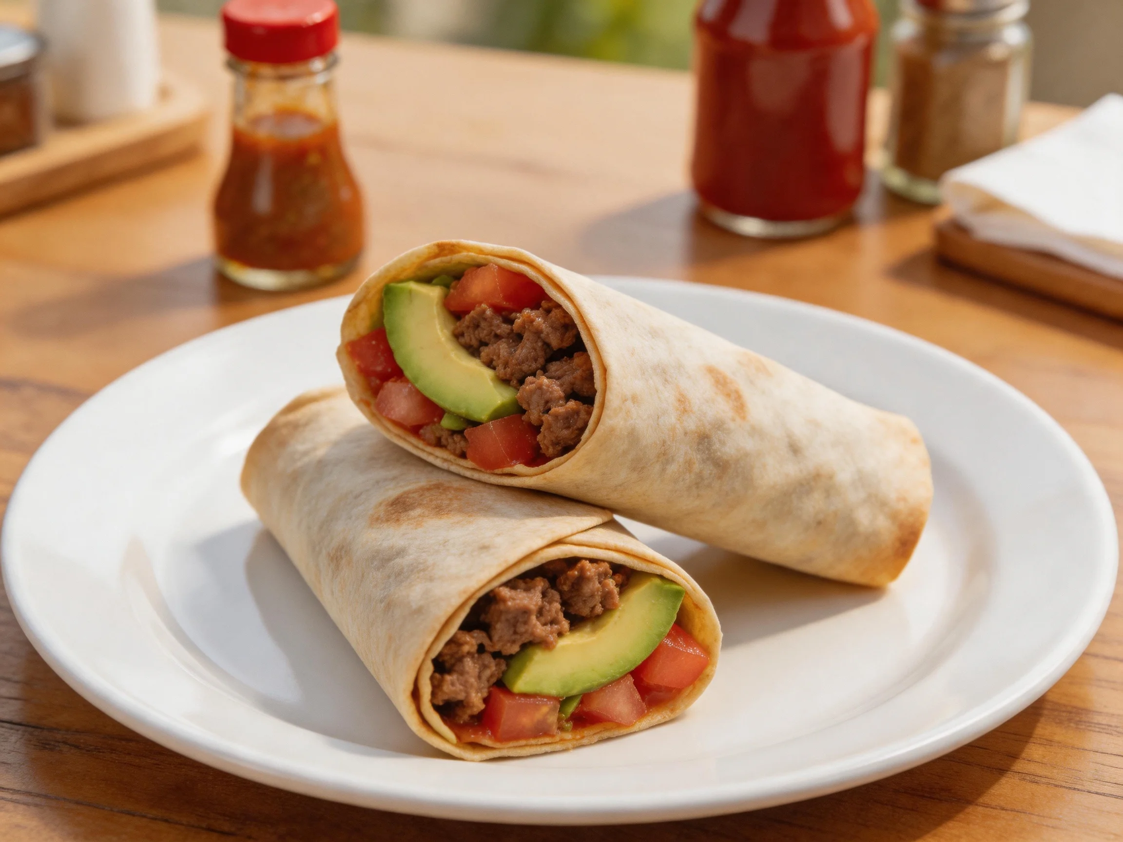 Two burritos stuffed with avocado, tomato, and ground beef on a white plate