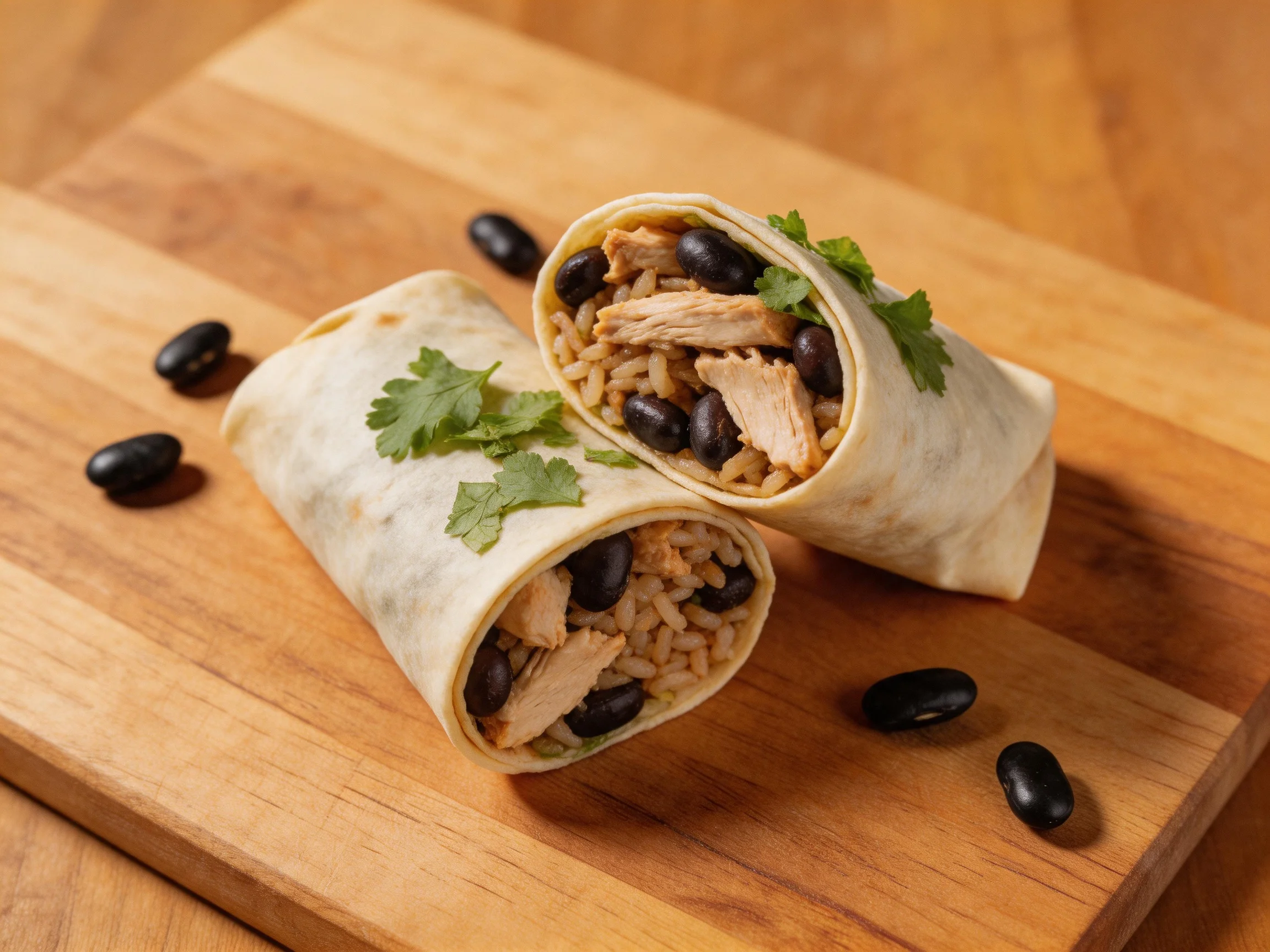 Two burritos stuffed with chicken, rice, black beans, garnished with cilantro on a wooden board