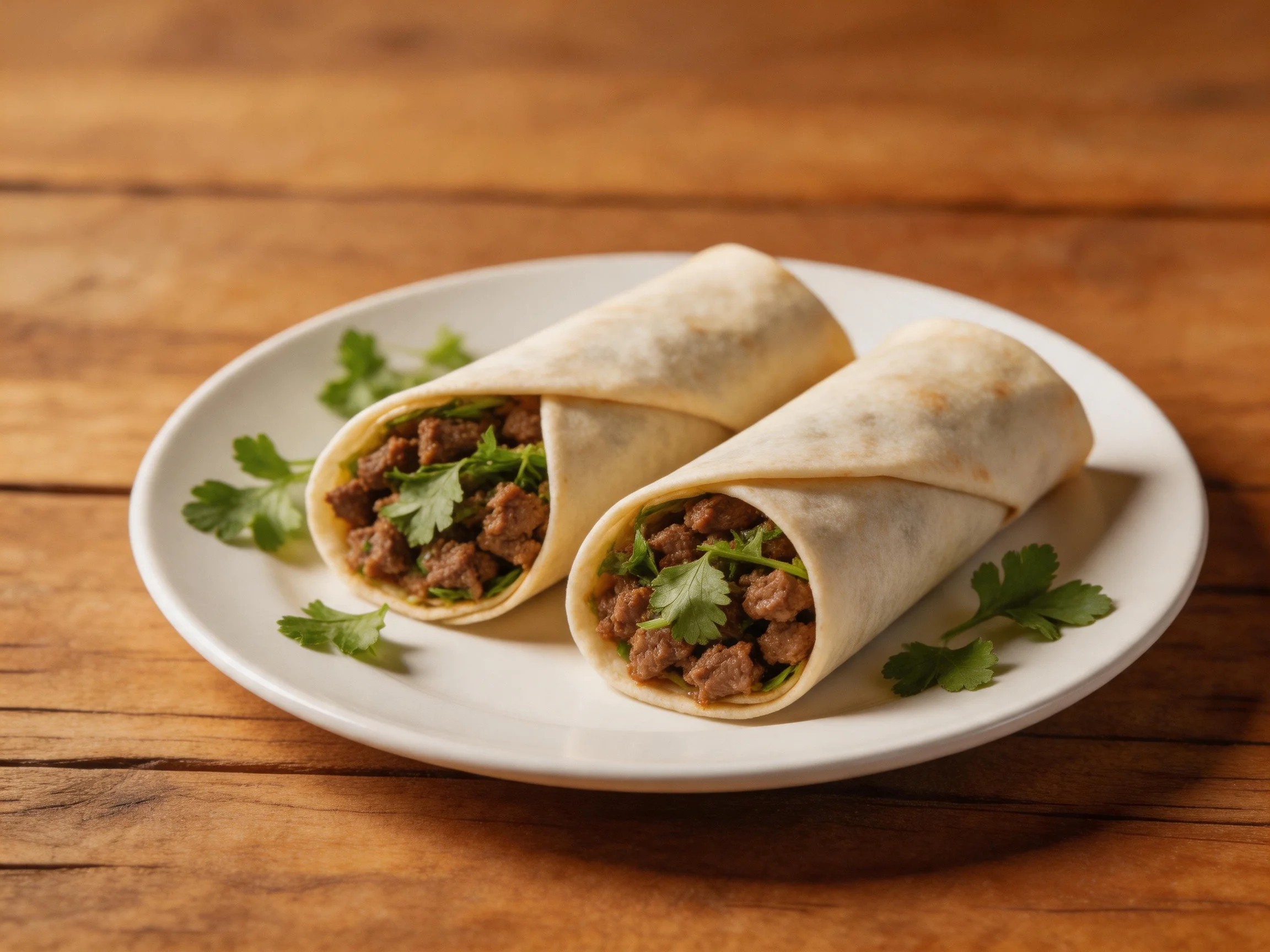 Two burritos with seasoned meat and green herbs on a white plate