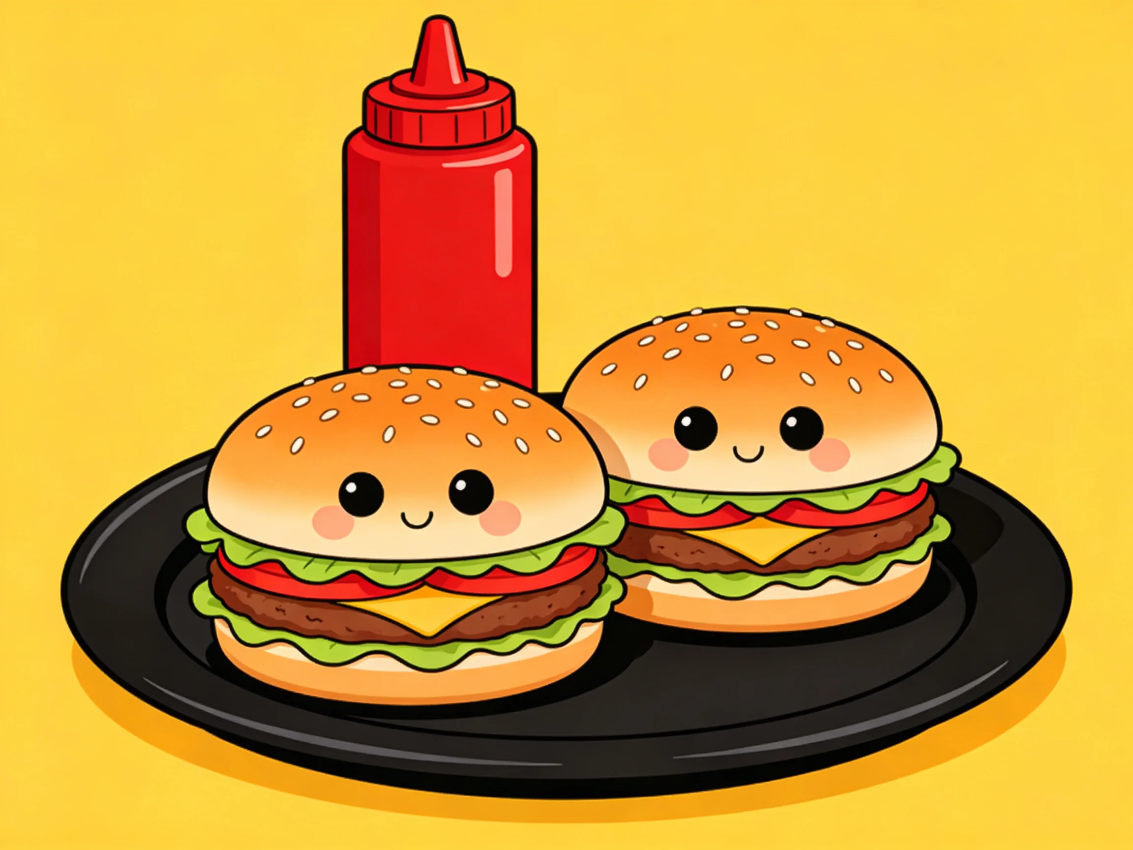 Two cartoon hamburgers with a red ketchup bottle on a black plate