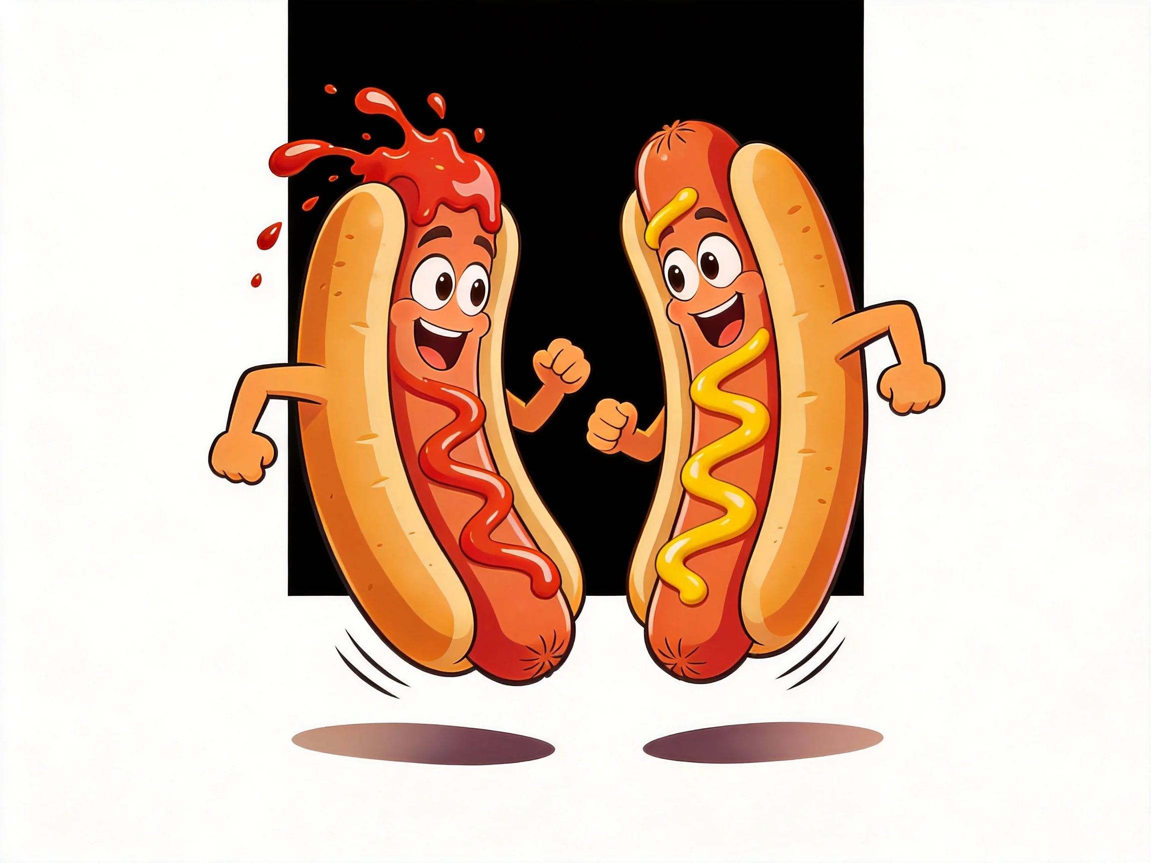 Two cartoon hot dogs with ketchup and mustard jumping joyfully
