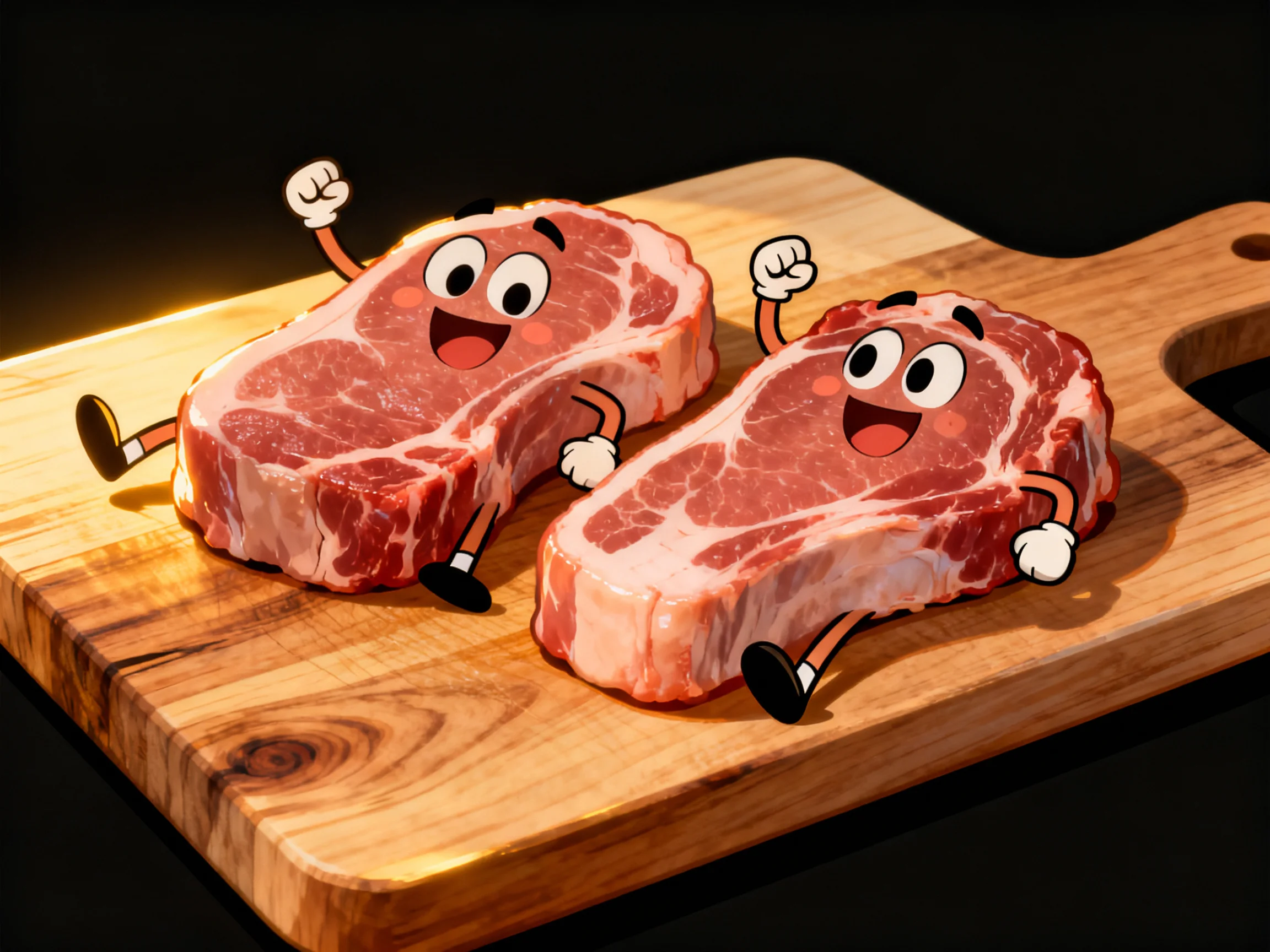 Two cartoon meat cuts with expressive faces sit on a wooden cutting board