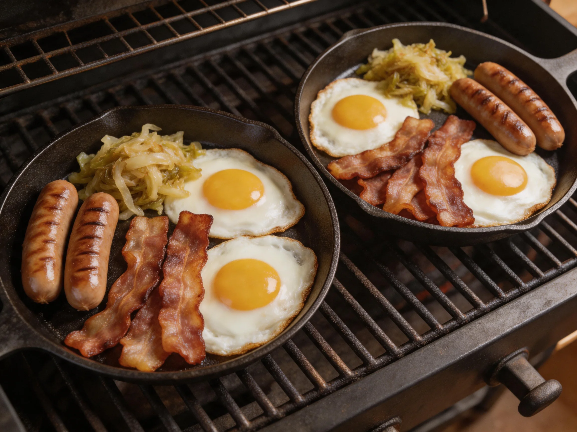 Two cast iron skillets hold sunny-side up eggs, sausages, bacon, and cabbage.