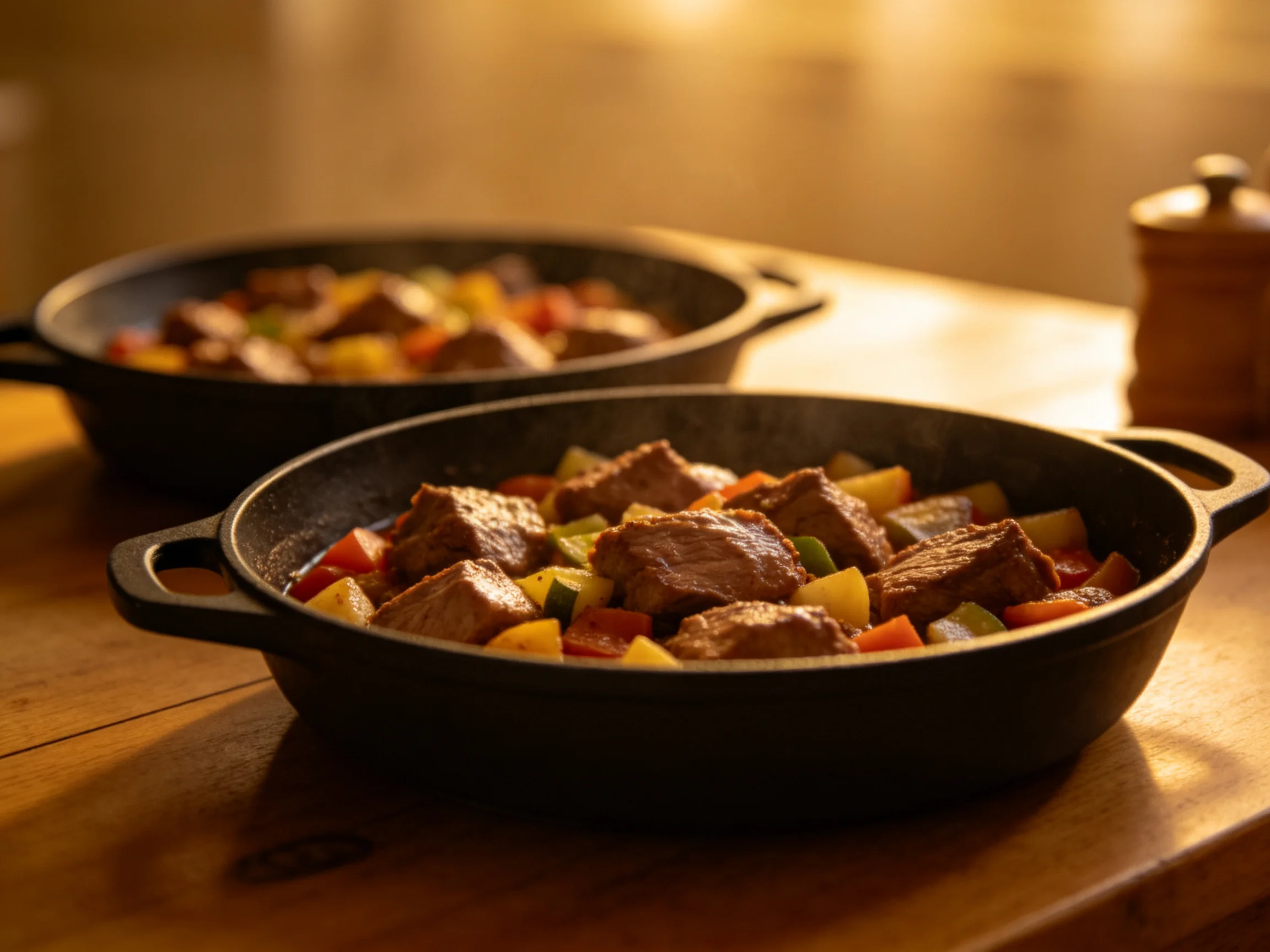 Two cast iron skillets serve browned meat and colorful mixed vegetables