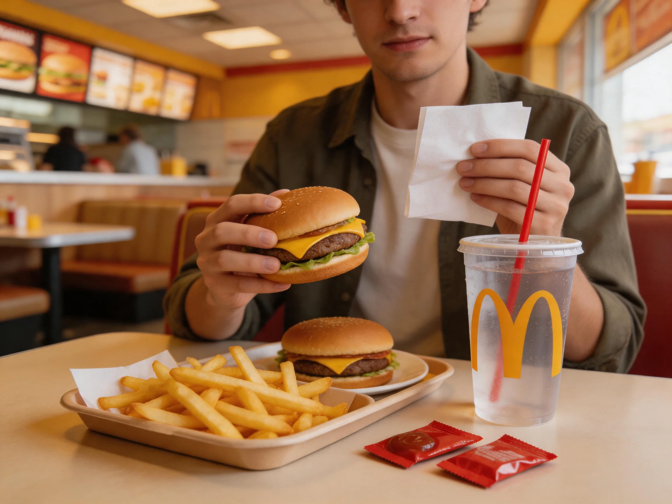 Two cheeseburgers, French fries, and a McDonald’s drink in a restaurant booth