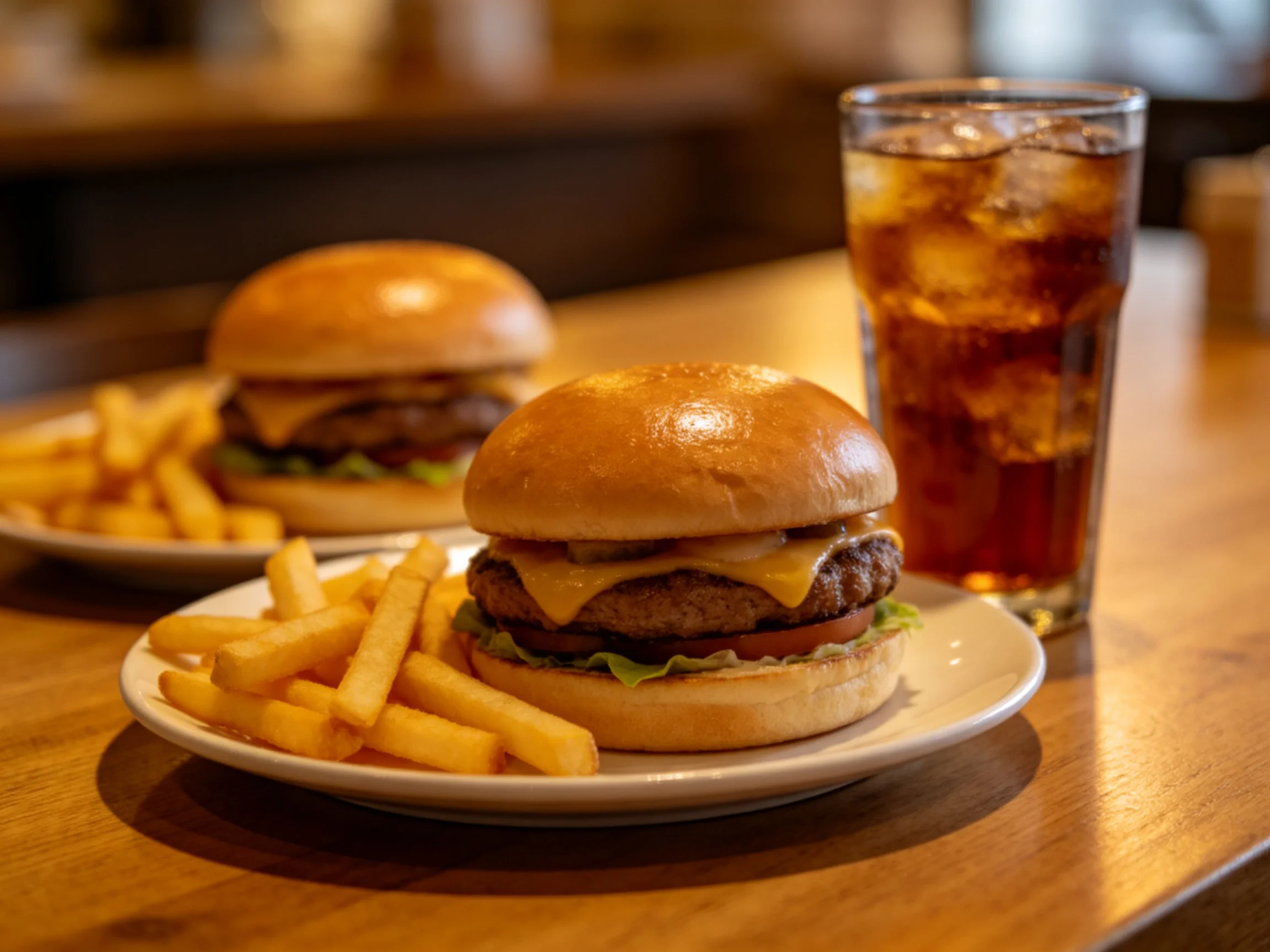 Two cheeseburgers, golden fries, and a dark soda on a wooden table