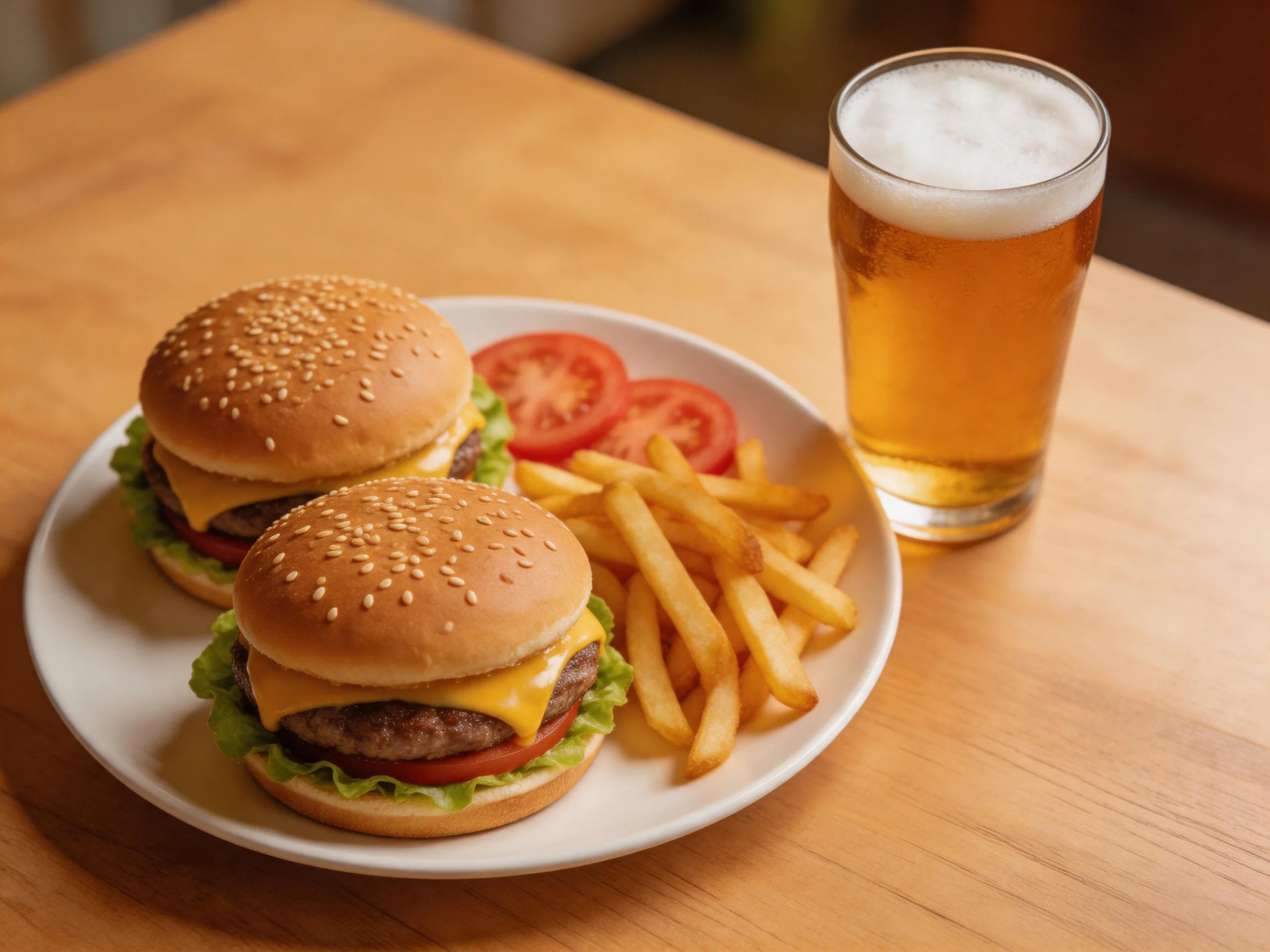 Two cheeseburgers, golden fries, red tomatoes, and a frothy beer on a wooden table