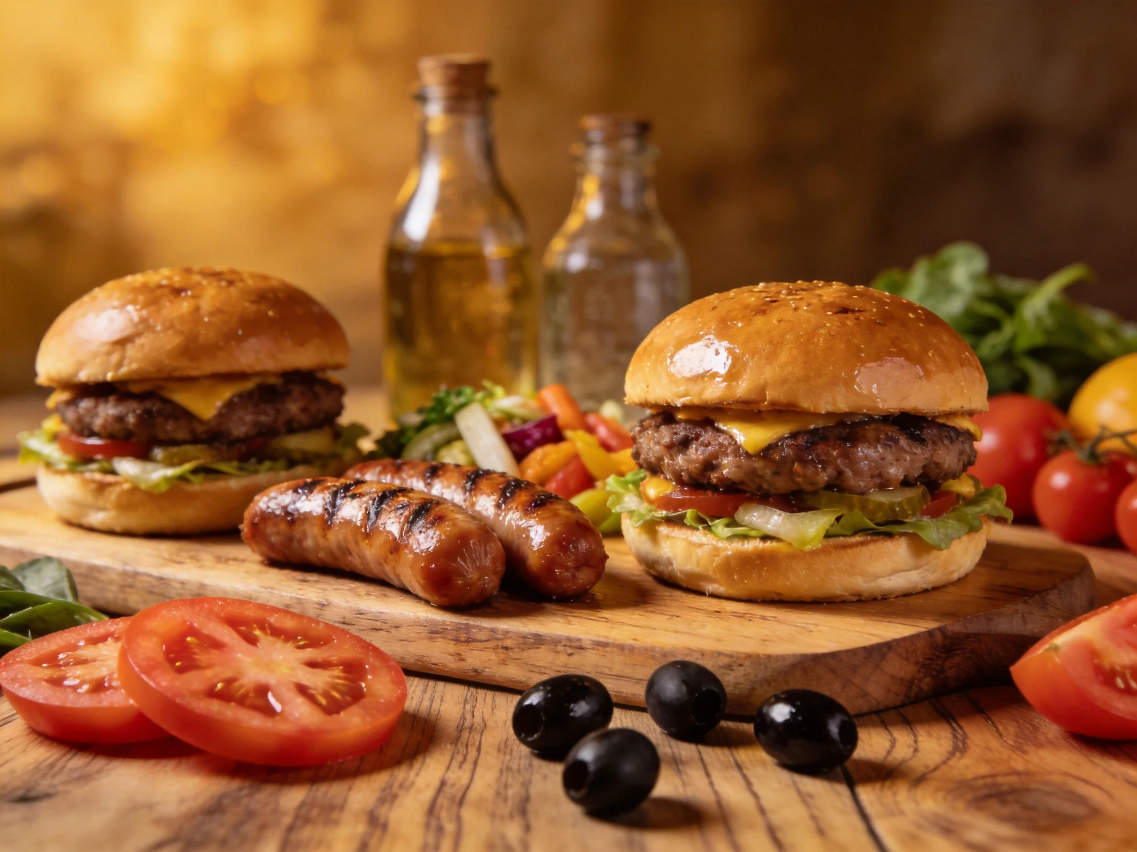 Two cheeseburgers, grilled sausages, and fresh veggies on a wooden board