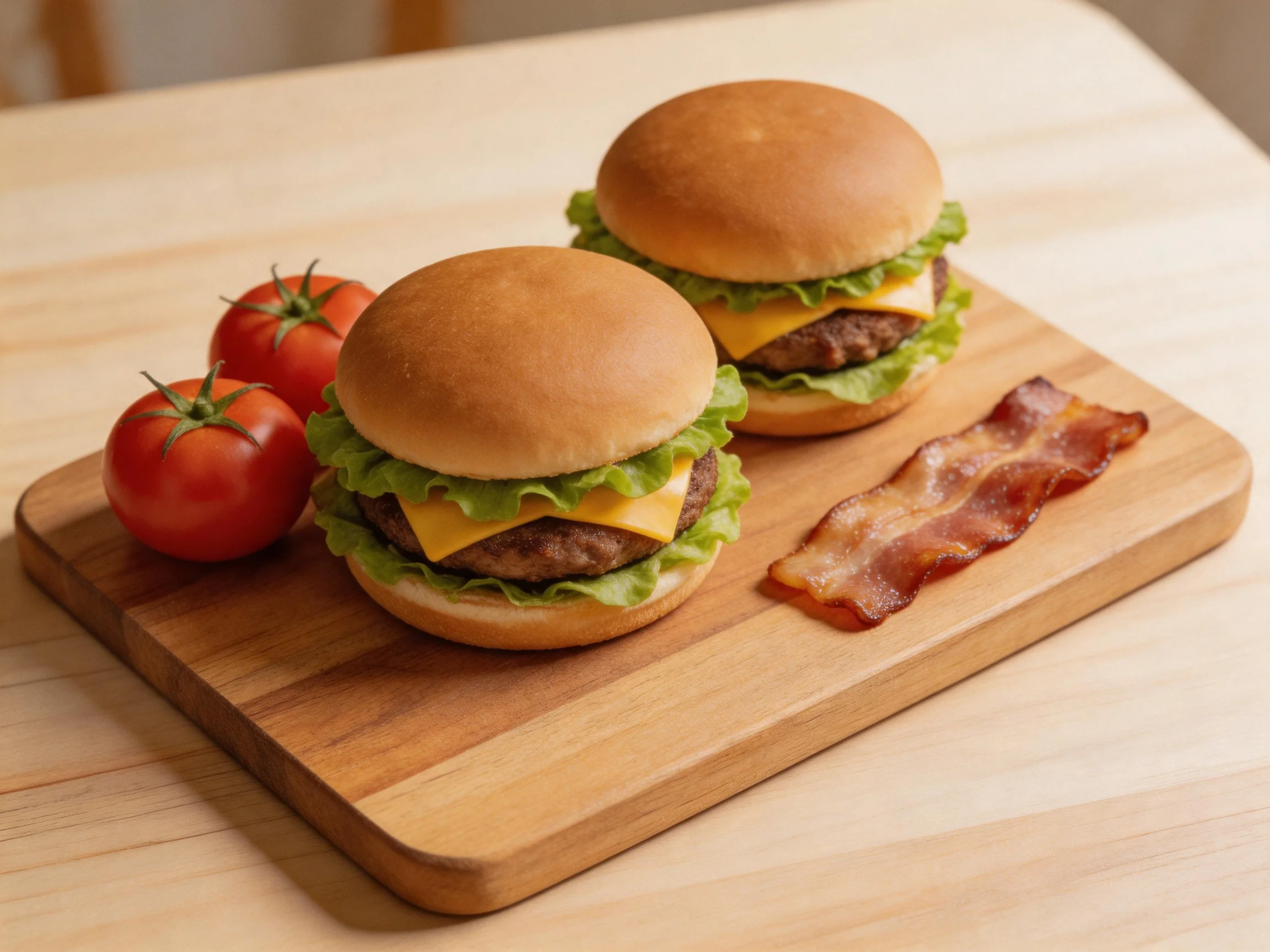 Two cheeseburgers with lettuce, tomatoes, and bacon on a wooden board