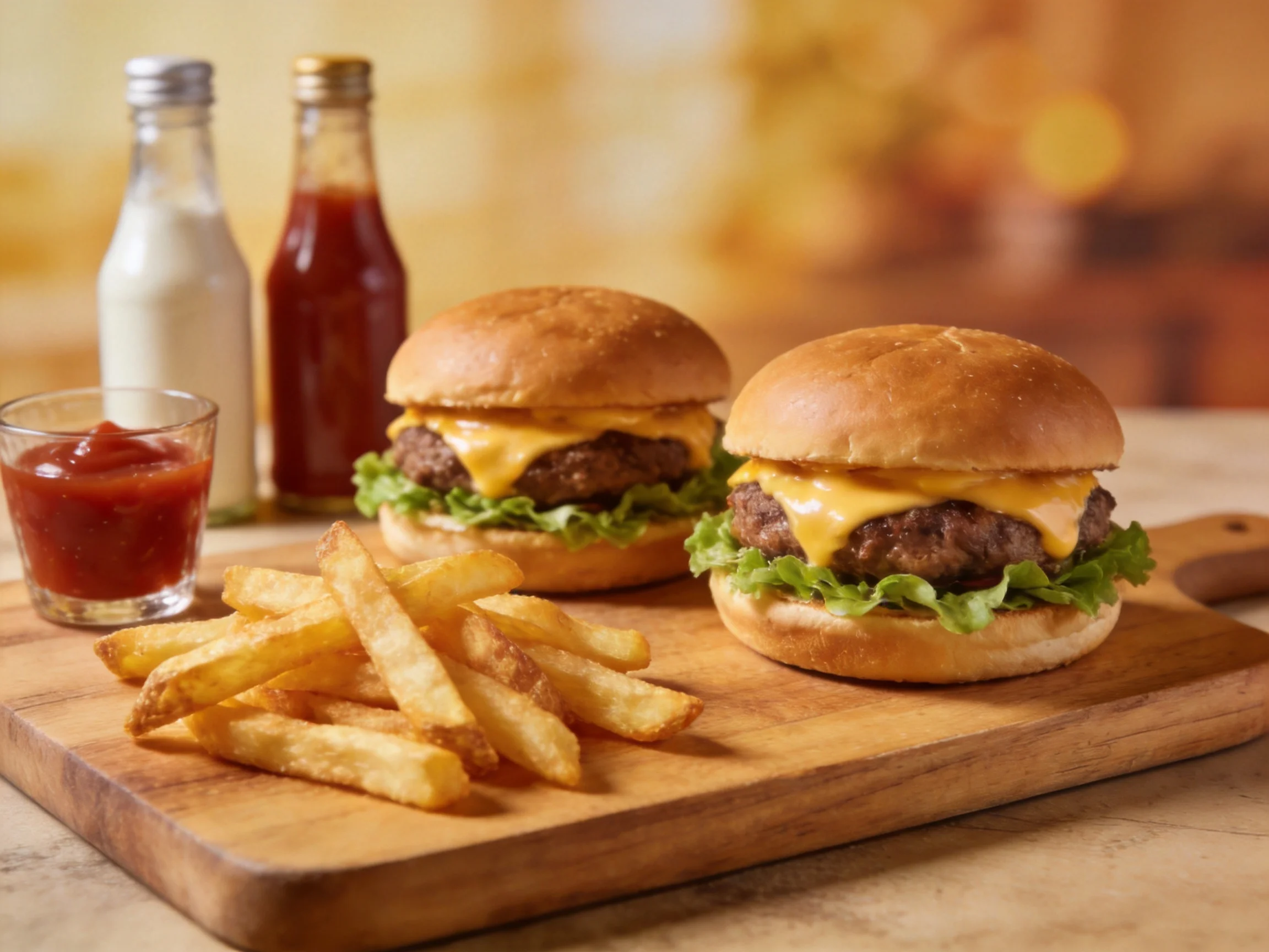 Two cheeseburgers with melted cheddar, crispy fries, and sauce bottles