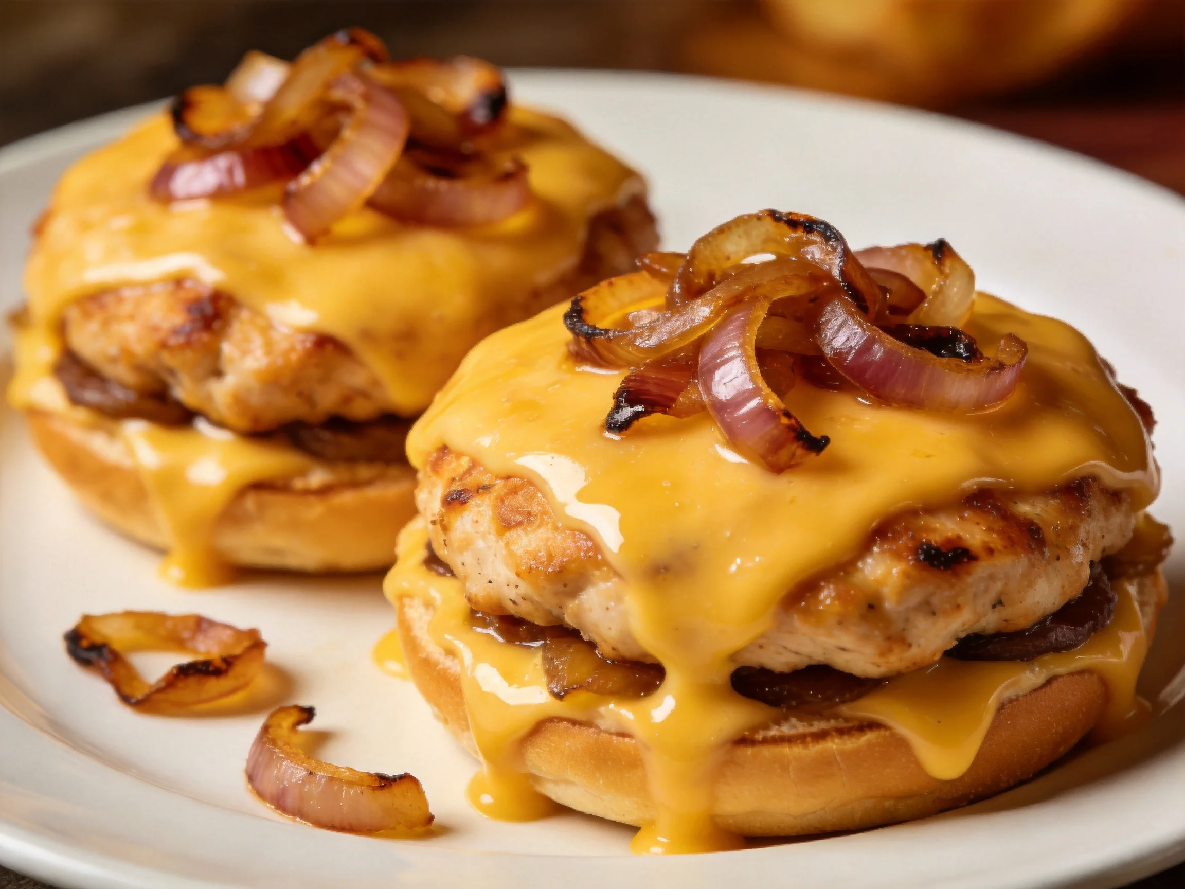 Two cheesy chicken sliders topped with caramelized onions