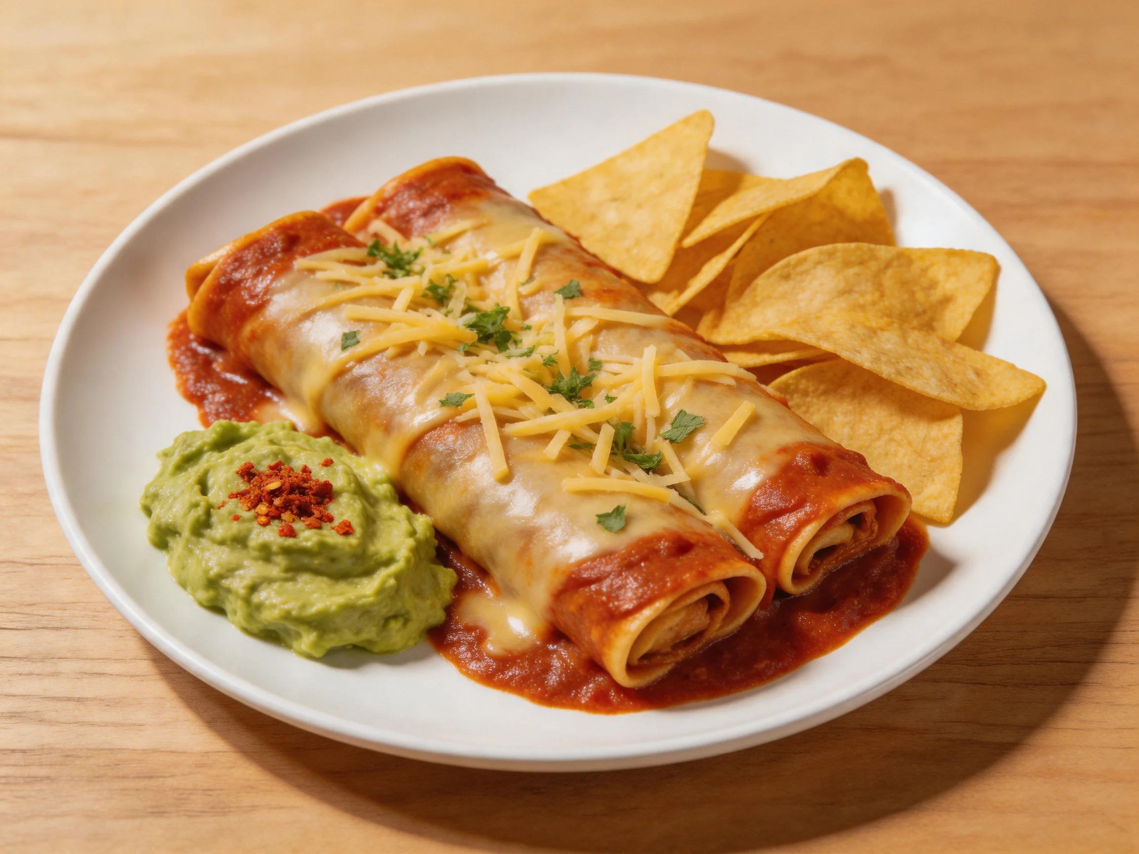 Two cheesy enchiladas served with tortilla chips and guacamole