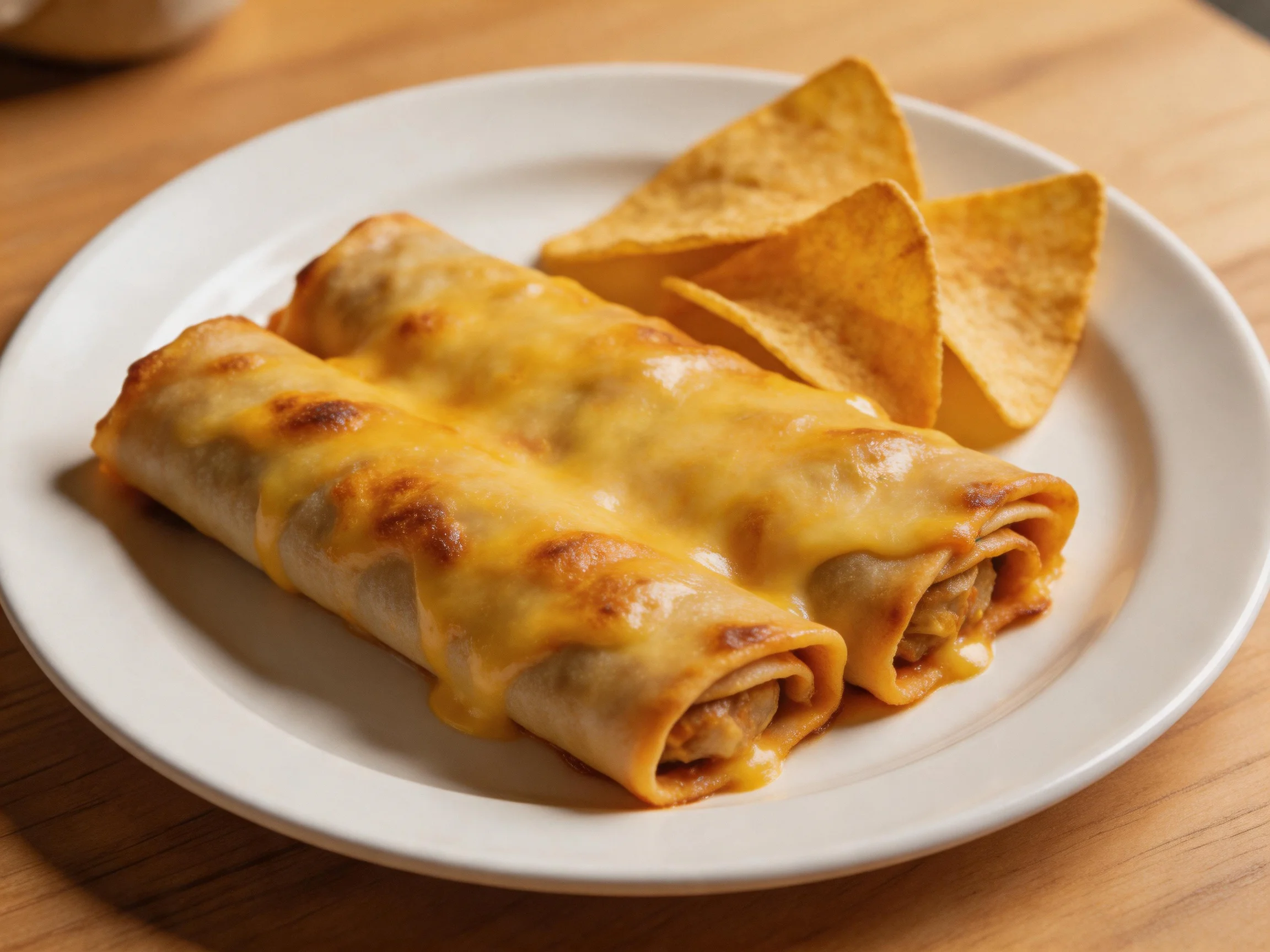 Two cheesy enchiladas with golden tortilla chips on a white plate