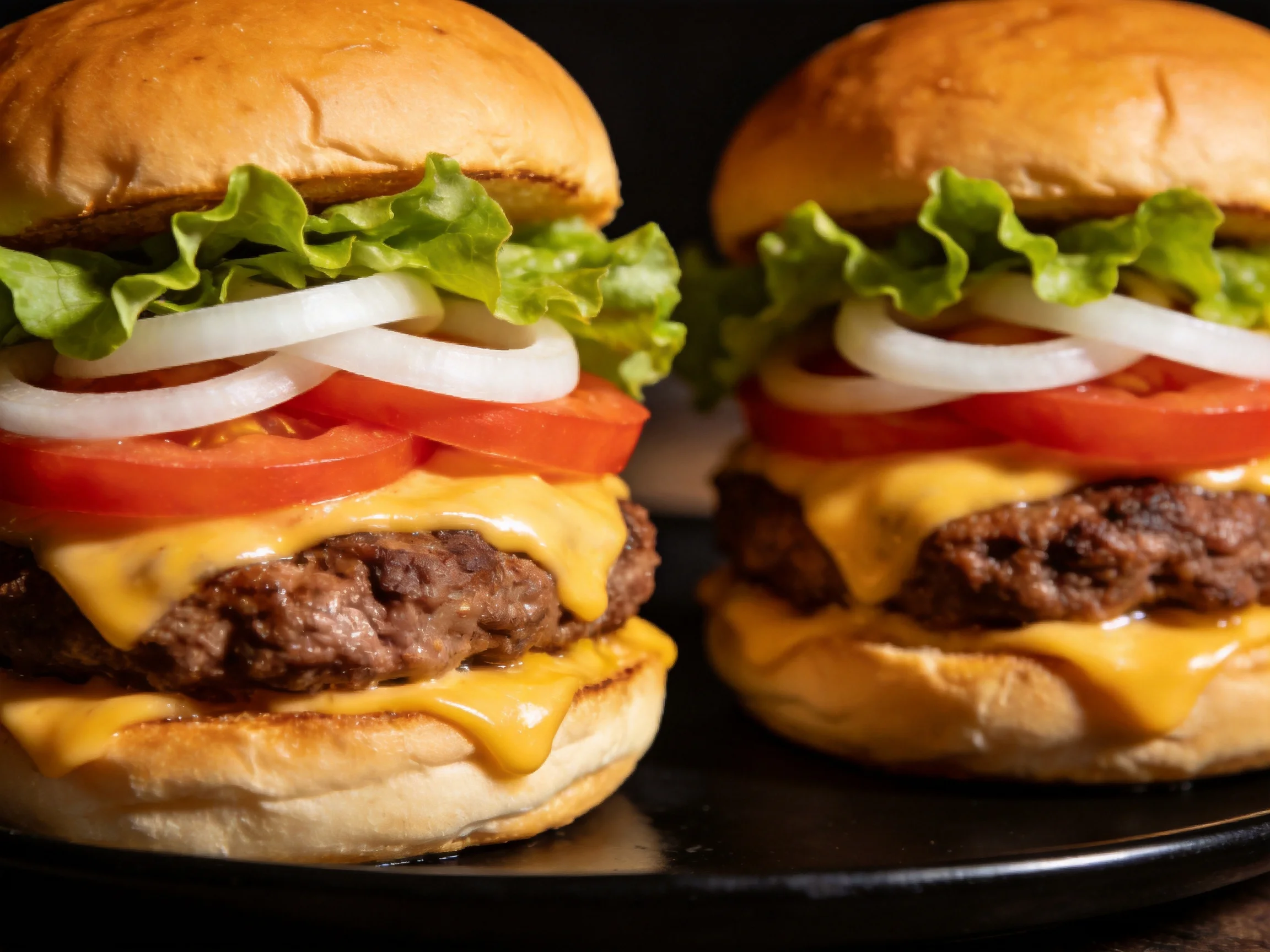 Two cheesy hamburgers with fresh veggies and melted cheese