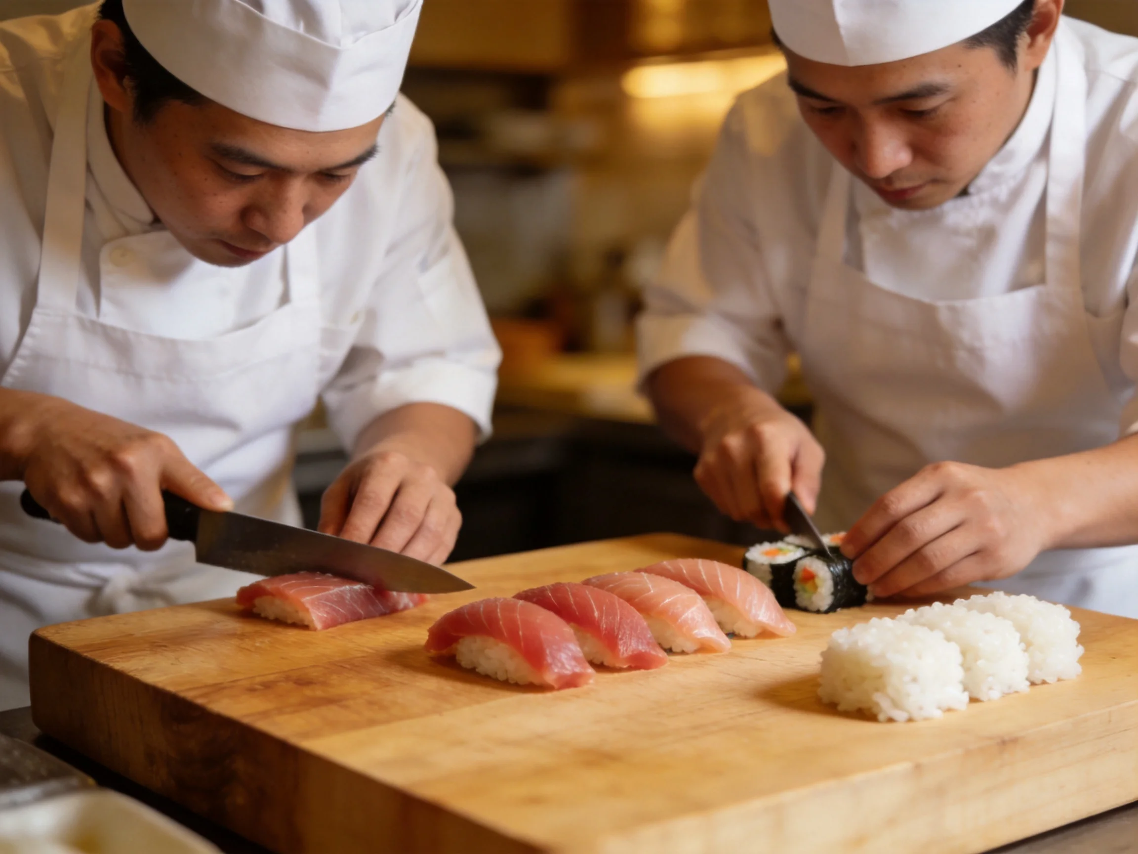 Two chefs preparing assorted sushi with fresh fish and rice