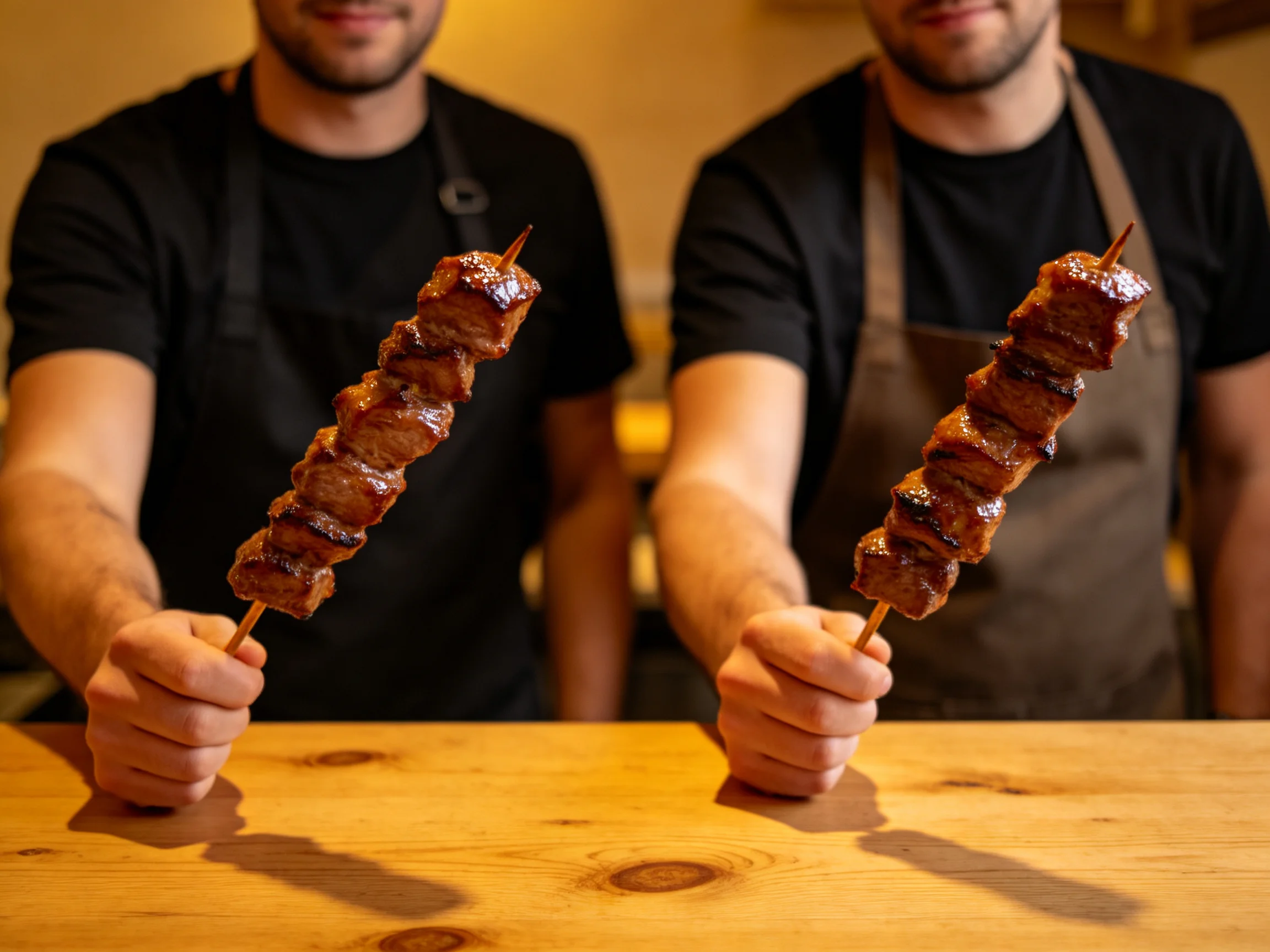 Two chefs presenting glossy grilled meat skewers on wooden surfaces.